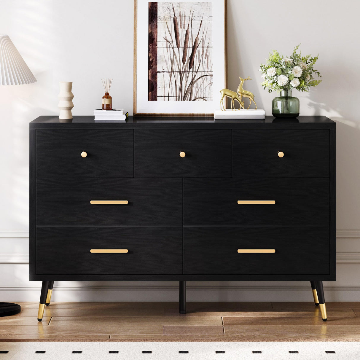 DWVO 7 Drawer Dresser,Black Wood Storage Dressers & Chests of Drawers,Gold Metal Handle & Anti-Tipping Device, Modern Double Dresser Storage,TV Cabinet for Bedrom DWVO