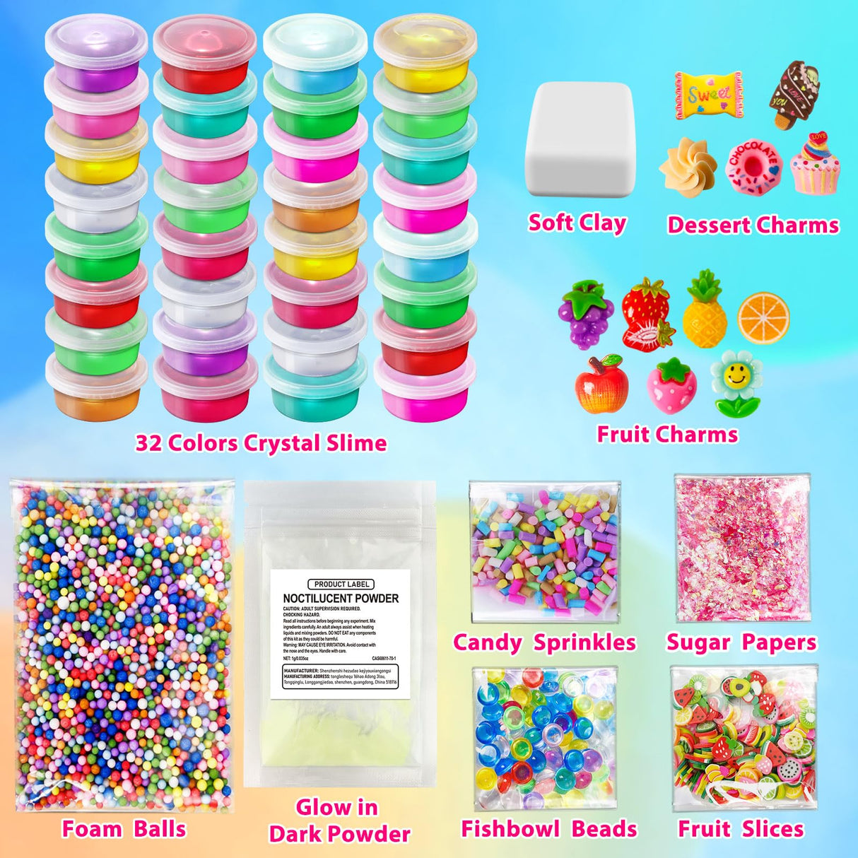 32 Cups DIY Slime Kit, Slime Making Kit for Girls, Crystal Clear Slime, Glow in The Dark Slime with Add-ins, Foam Balls, Charms, Slime Party Favors Gift Toys for Kids 3-12 YOPINSAND