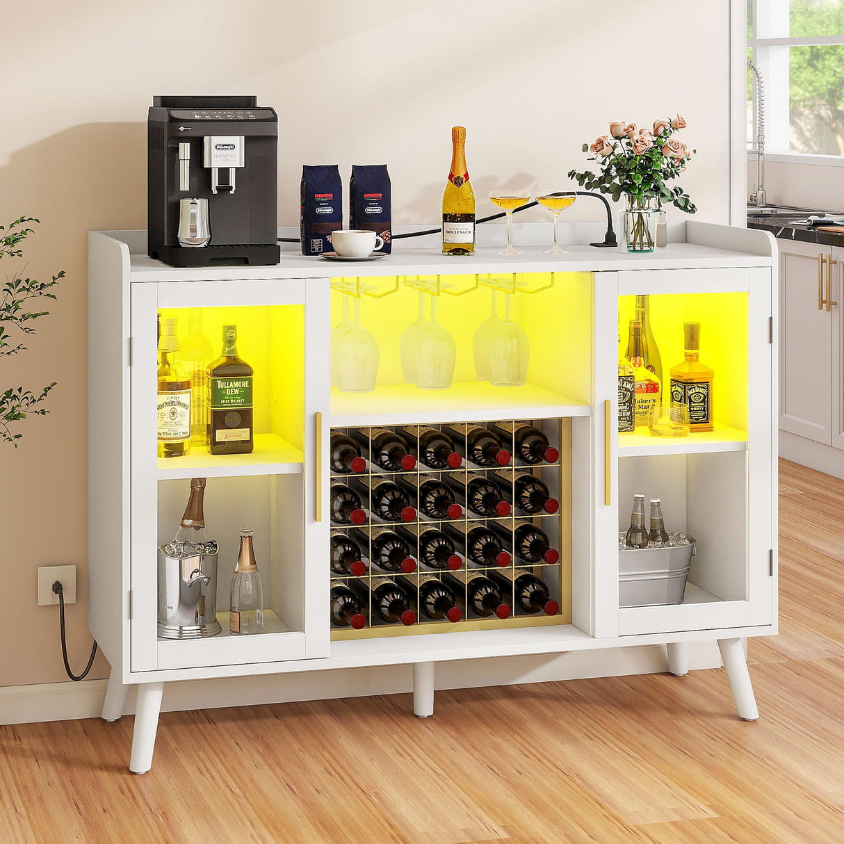 DWVO Wine Bar Cabinet with Led Lights & Power Outlets, 53" Coffee Bar Cabinet for Liquor and Glasses, Modern Buffet Sideboard with Storage Cabinet for Kitchen, Dining & Living Room, White DWVO