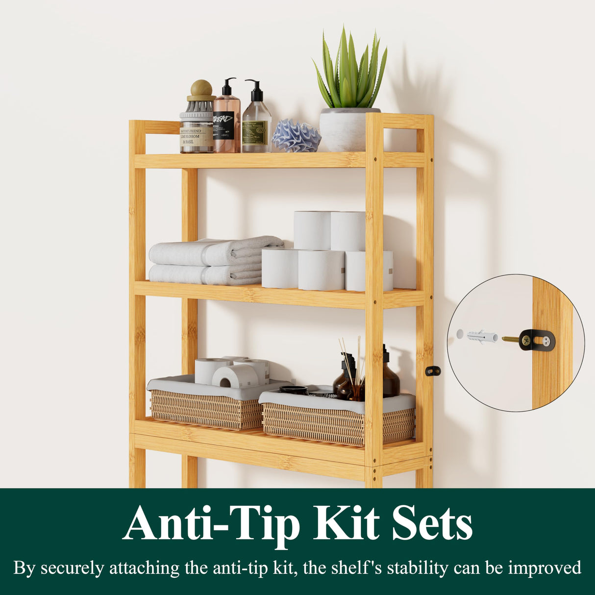 Smiry Over The Toilet Storage, Bamboo 3-Tier Over Toilet Bathroom Organizer, Adjustable Bathroom Shelf, Space Saving, Stable Freestanding Storage Cabinet with 4 Hooks, Natural Smiry