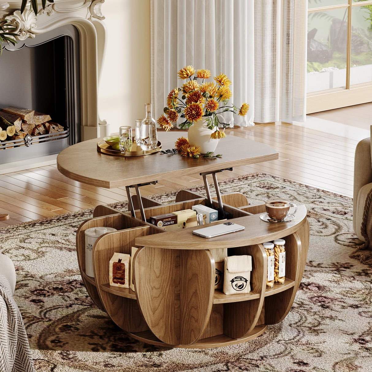 32.7" Lift Top Coffee Table with Storage, Wood Round Center Table with Hidden Storage Compartment & Shelves, Mid Century Modern Coffee Tables for Living Room Rustic Accent Small Center Table TOKSOM