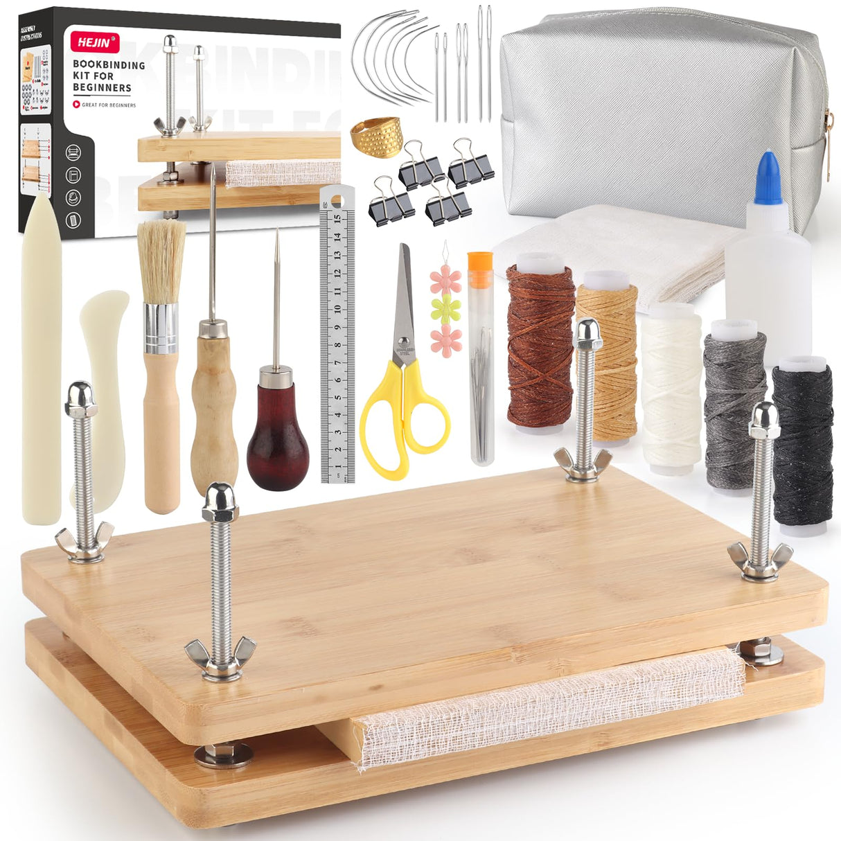 HEJIN Book Binding Kits, Bamboo Wood Book Press with Plastic Bone Folder, Waxed Thread, Book Binding Materials for Beginners Bookbinding Supplies HEJIN