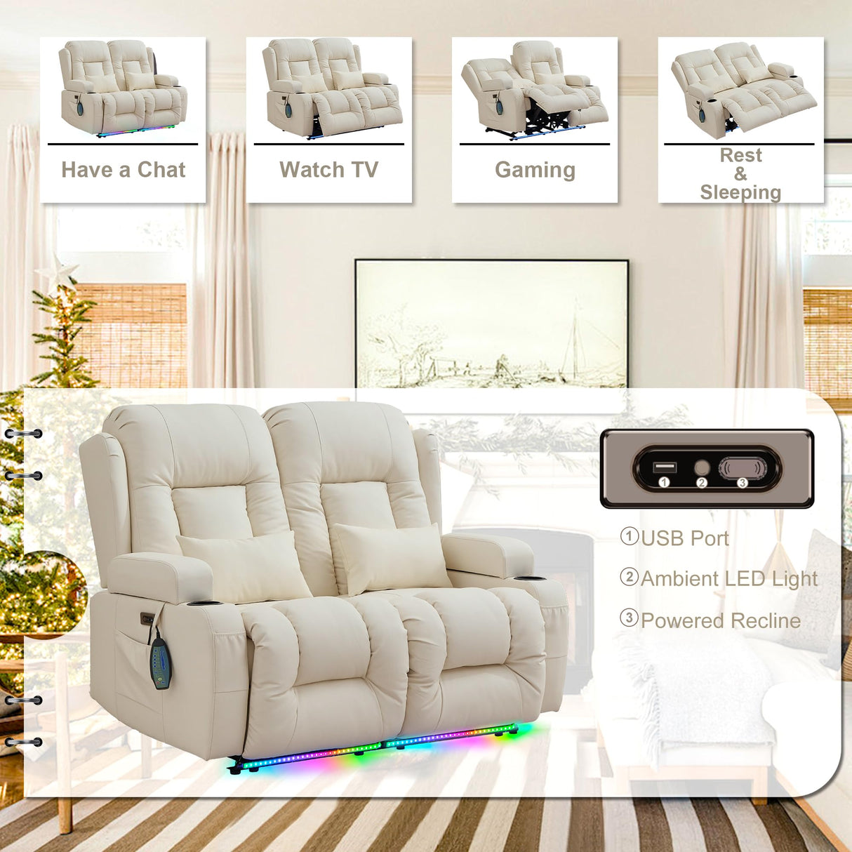 TUNYI Power Loveseat Recliner Sofa - Home Theater Seating with Massage & Heat Faux Leather RV Recliner Loveseat Sofa with USB/Cup Holder/Side Pocket/LED Light/Pillow (Cream White) TUNYI