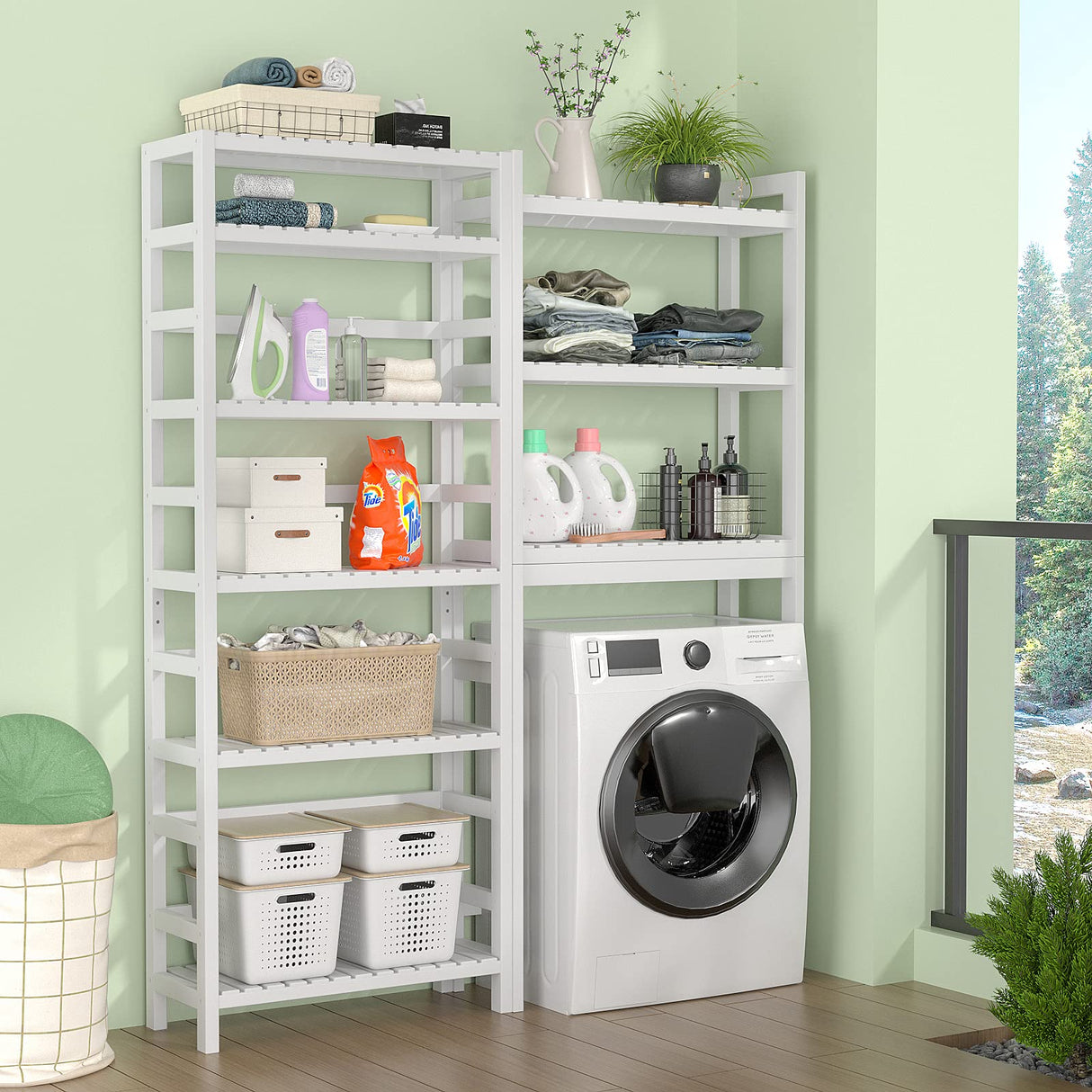 Homykic 6-Tier Adjustable Bamboo Bookcase - 63.4” Tall White Free Standing Storage Shelf Homykic