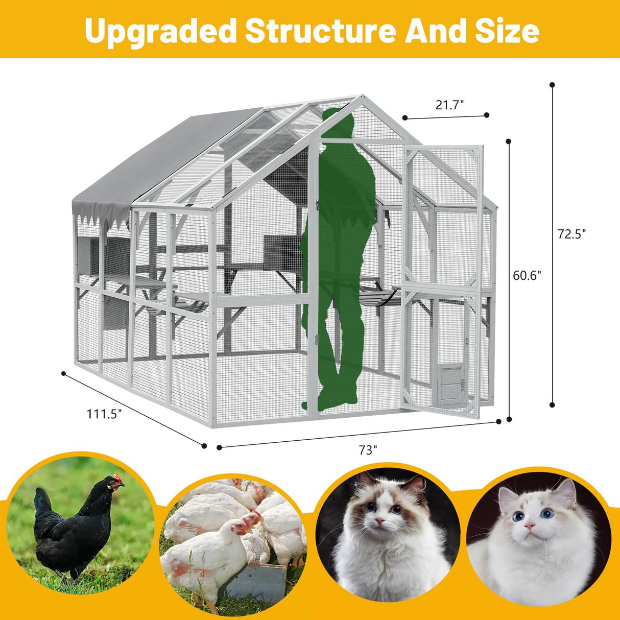 110'' Large Catio Outdoor Cat Enclosure,2 in 1 Cat Enclosure & Walk in Large Chicken Coop, Pet Cage Playpen with Weatherproof Roof, Multiple Platforms, Bouncy Bridges & Resting Houses White-1 BouPower