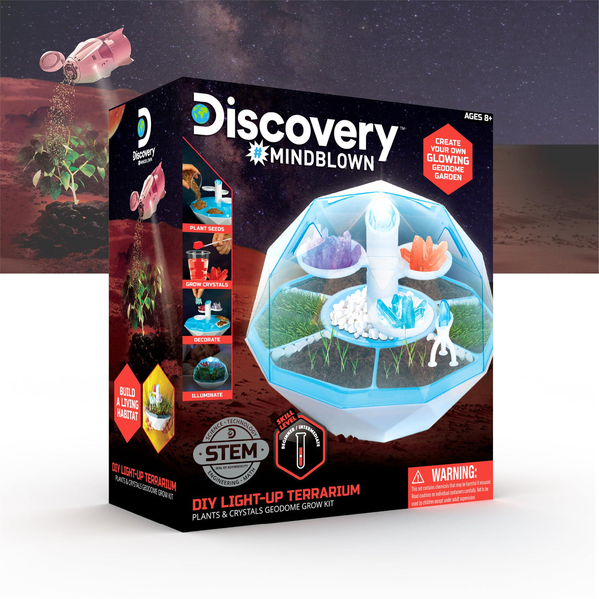 Discovery™ #Mindblown DIY Light-Up LED Terrarium - Plants & Crystals Geodome Grow Kit, 3 Colorful Crystal Formations, Rye Grass, Education STEM Activity Set, Indoor Science Experiment, Chemistry Gift Discovery Kids