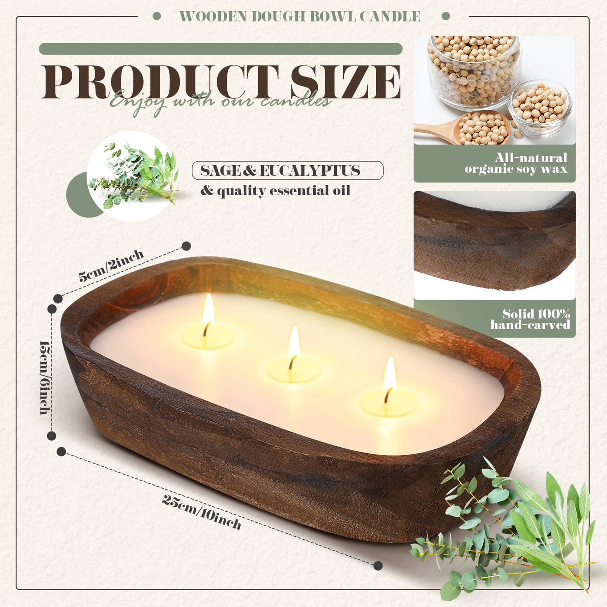 Threlaco 2 Pack 10 Inch Wood Dough Bowl Candle Candle Decorative with Wick Scented Candles Soy Gifts for Men Women Farmhouse Table Centerpiece Home(Sage and Eucalyptus) Threlaco
