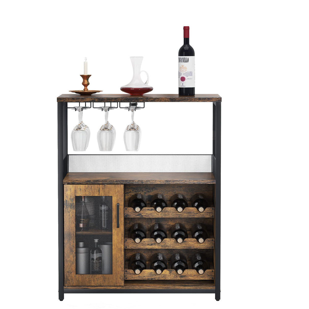 GAOMON Wine Bar Cabinet with Removable Wine Racks and 1 Drawer,Bar Cabinet with Glass Holder and Mesh Door for Liquor and Glasses (Rustic Brown) GAOMON