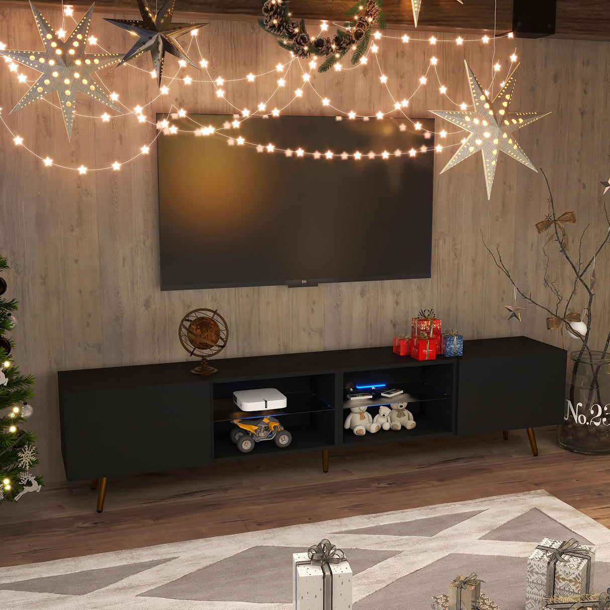 Bonzy Home 86" TV Stand, Modern Entertainment Center for 75" TV, Television Console Table with Storage Cabinets for Living Room, Black Bonzy Home