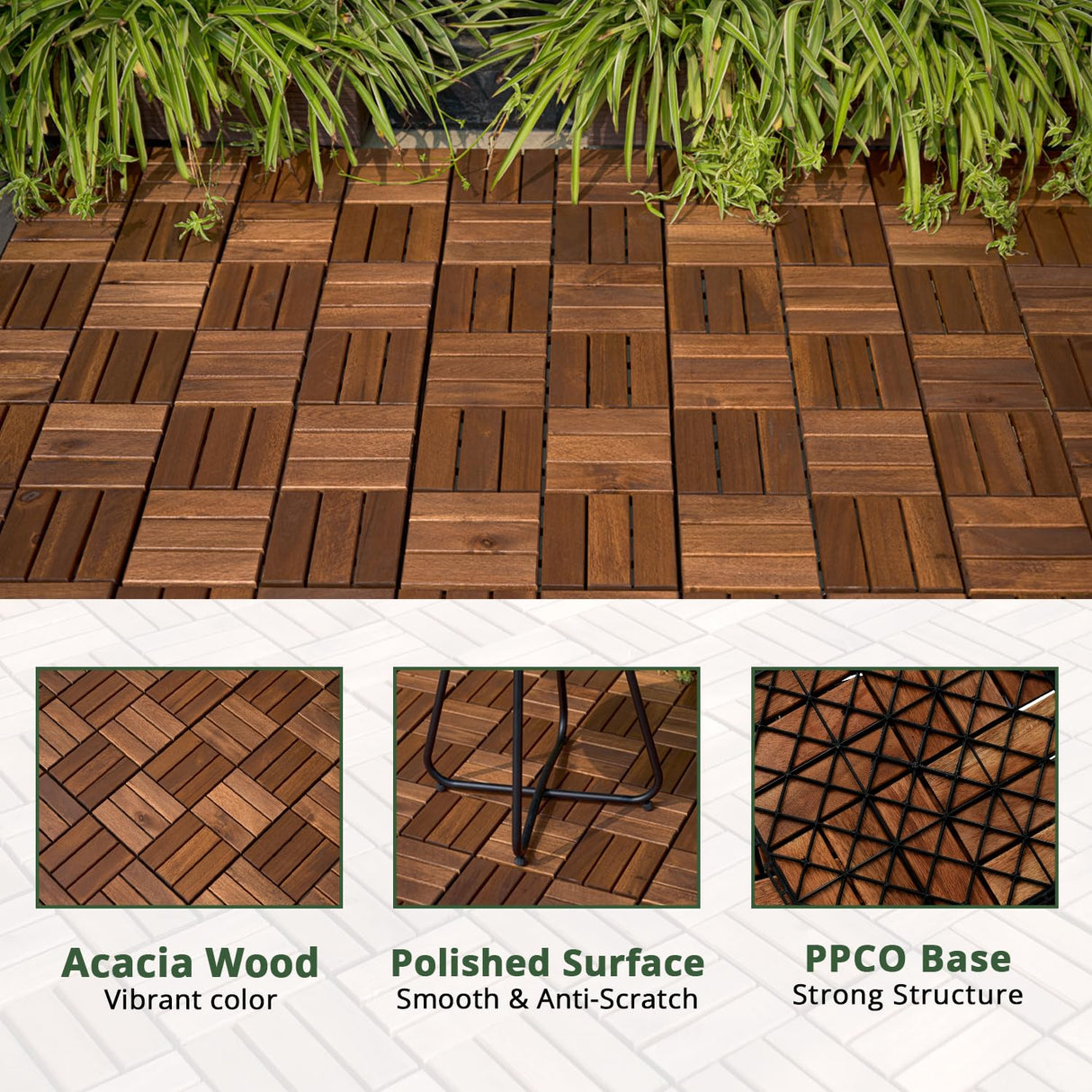 BEEFURNI Acacia Interlocking Deck Tiles (12x12 Pack 10), Acacia Wood Deck Tiles Interlocking Outdoor, Indoor Flooring Mats for Balcony Decor,Patio, Backyard, 1-Year Manufacturer Warranty (Dark Brown) BEEFURNI