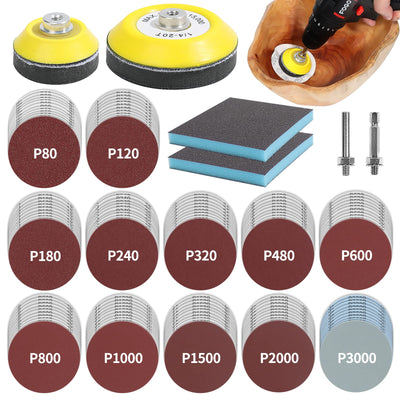 Pomsare 120pcs 3inch Sanding Discs with 2 & 3inch Backer Pads and Sanding Sponge Sander for Drill Grinder Rotary Tools Attachment with 1/4" Shanks, SandingPads 80-3000 Grit