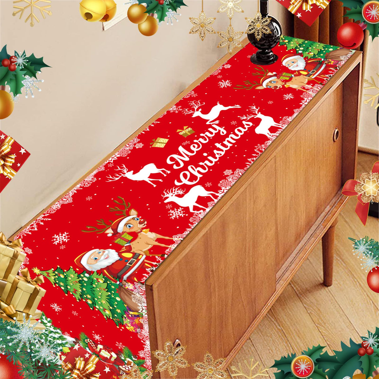 Merry Christmas Table Runner, Linen Christmas Trees Table Runner Red Merry Xmas Table Runner Long Seasonal Winter Holiday Kitchen Dining Table Decoration for Indoor Outdoor Home Party Christmas Decor Vspek