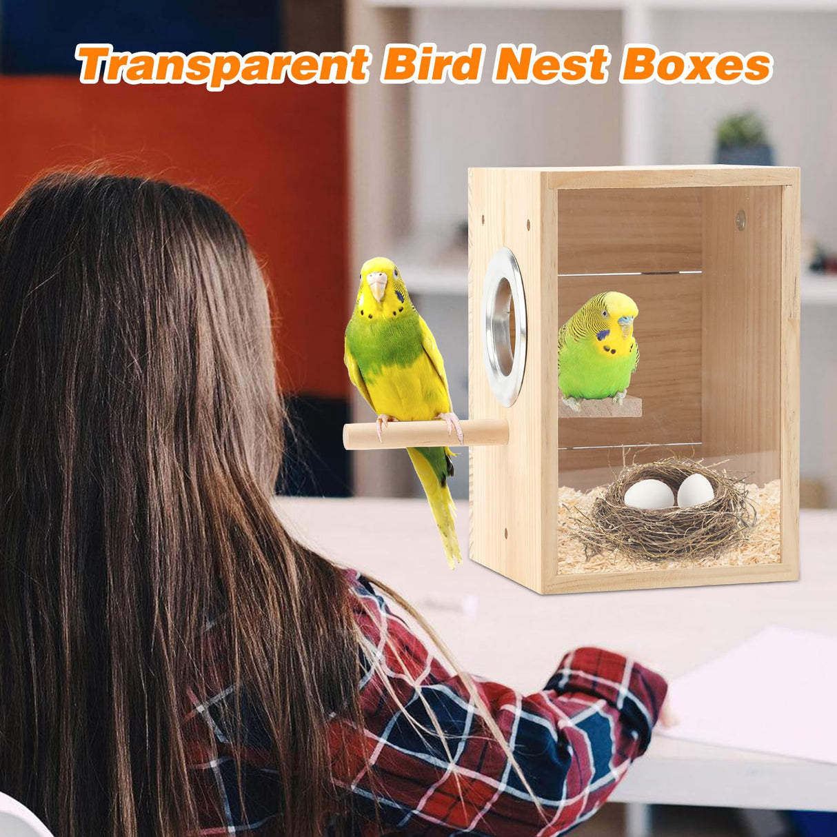 Rypet Transparent Bird Nest Boxes, Wood Parakeet Nesting Box for Cage, Upright Bird Nest Breeding Box with Perch Bird Cage House for Parakeet Lovebirds Budgie Finch Parrotlets Canary L Rypet