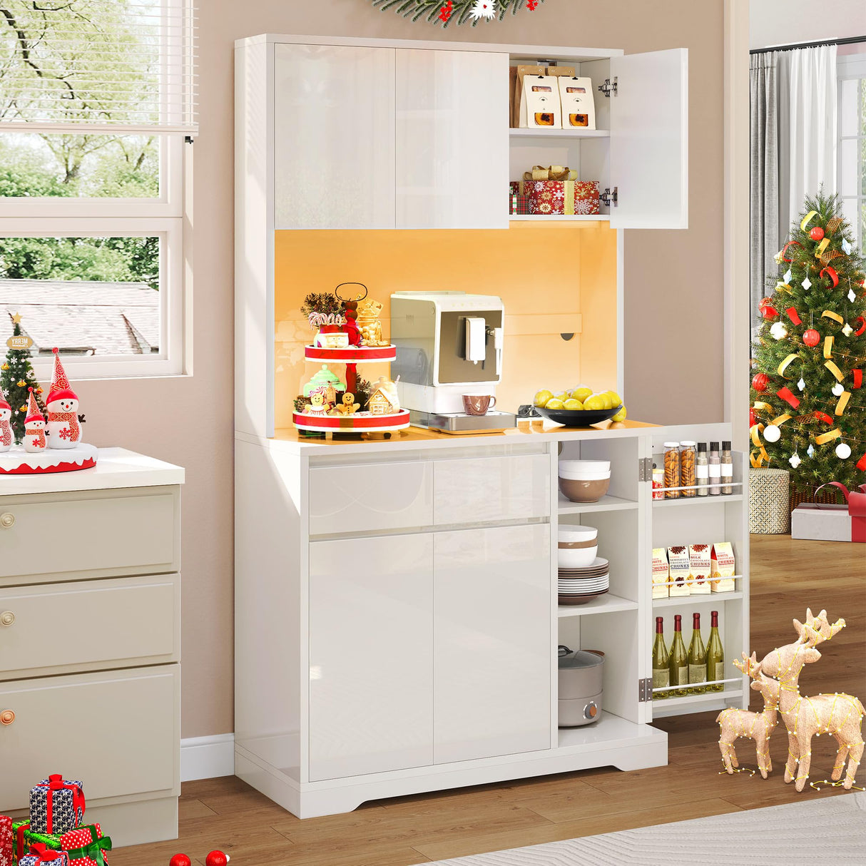 DWVO 71''Tall Kitchen Pantry Storage Cabinet, Modern Buffet Cabinet with Hutch, Kitchen Hutch Cabinet with Outlet, Large Food Pantry Cabinet with Doors and Shelves, Wine Rack for Dining Room, White DWVO