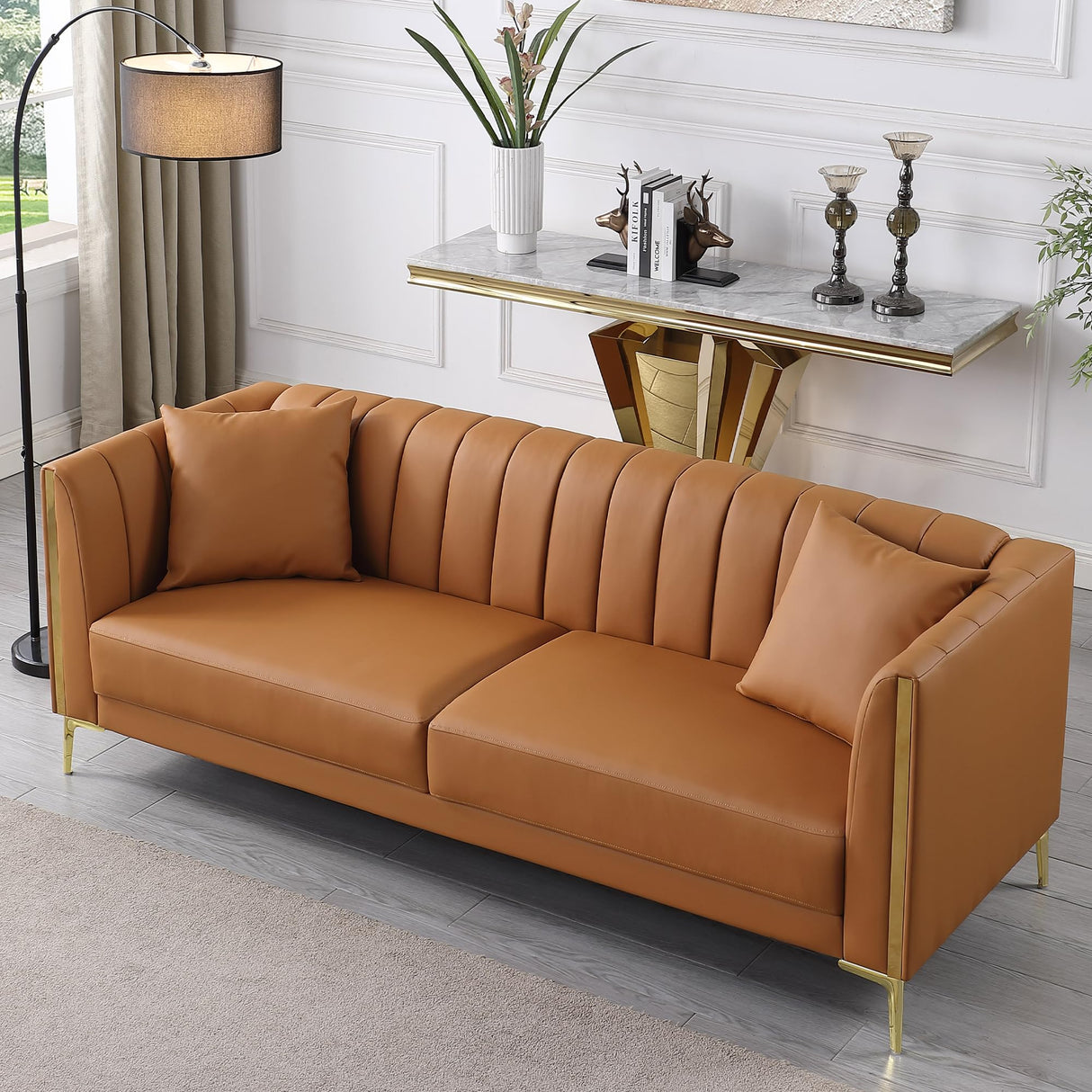 FOTOSOK 78'' Sofa, Modern Leather Couches for Living Room, Comfy, Faux Leather Sofa 3 Seater Sofa with 2 Throw Pillows and Gold Metal Legs, Deep Seat Sofas (Brown) FOTOSOK