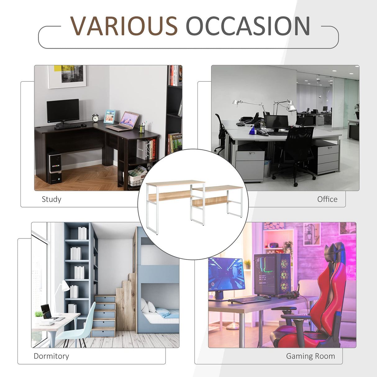 HOMCOM 86.5 Inch Two Person Desk Double Computer Table Writing Desk with Open Shelves Long Storage Workstation for Home Office Natural HOMCOM