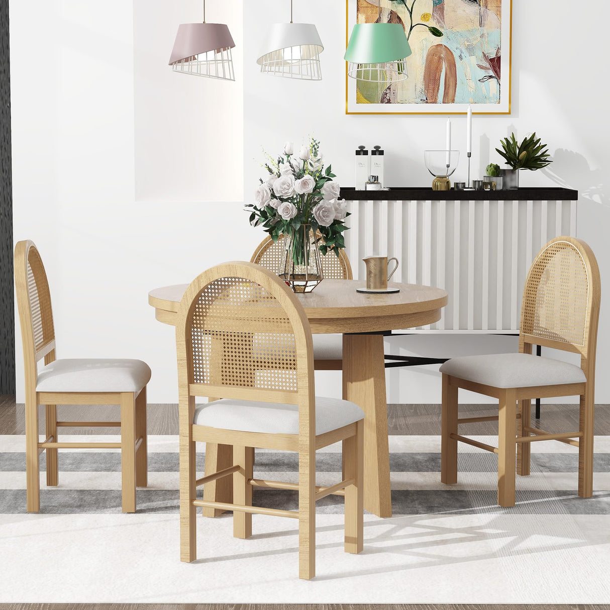 VilroCaz 5-Piece Retro Functional Dining Set, Solid Wood Extendable Dining Table with 4 Upholstered Chairs and Rattan Backrests, Round Dining Table Set for Dining Room Kitchen (Natural-7.7) VilroCaz
