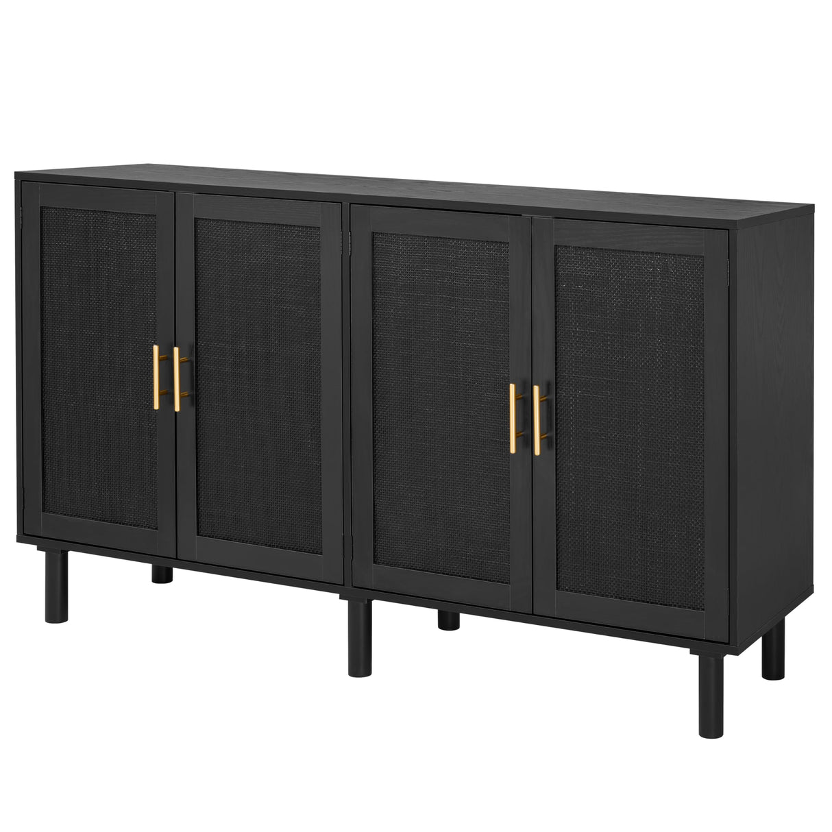 Finnhomy 4 Door Sideboard Buffet Cabinet, Kitchen Storage Cabinet with Black Painted Rattan Decorated Doors, Cupboard Console Table, Boho Accent Liquor Cabinet, 62.3X 15.7X 34.6 Inches, Full Black Finnhomy