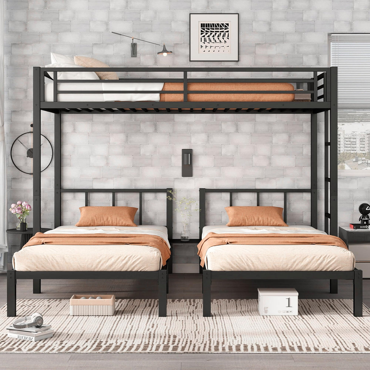 Bellemave Triple Bunk Bed for Kids, Detachable Metal Twin Over Twin Over Twin Bunk Bed with Guardrails, Built-in Ladder, Shelf, Converts to 3 Separate Twin Beds, Easy Assembly (Black) Bellemave