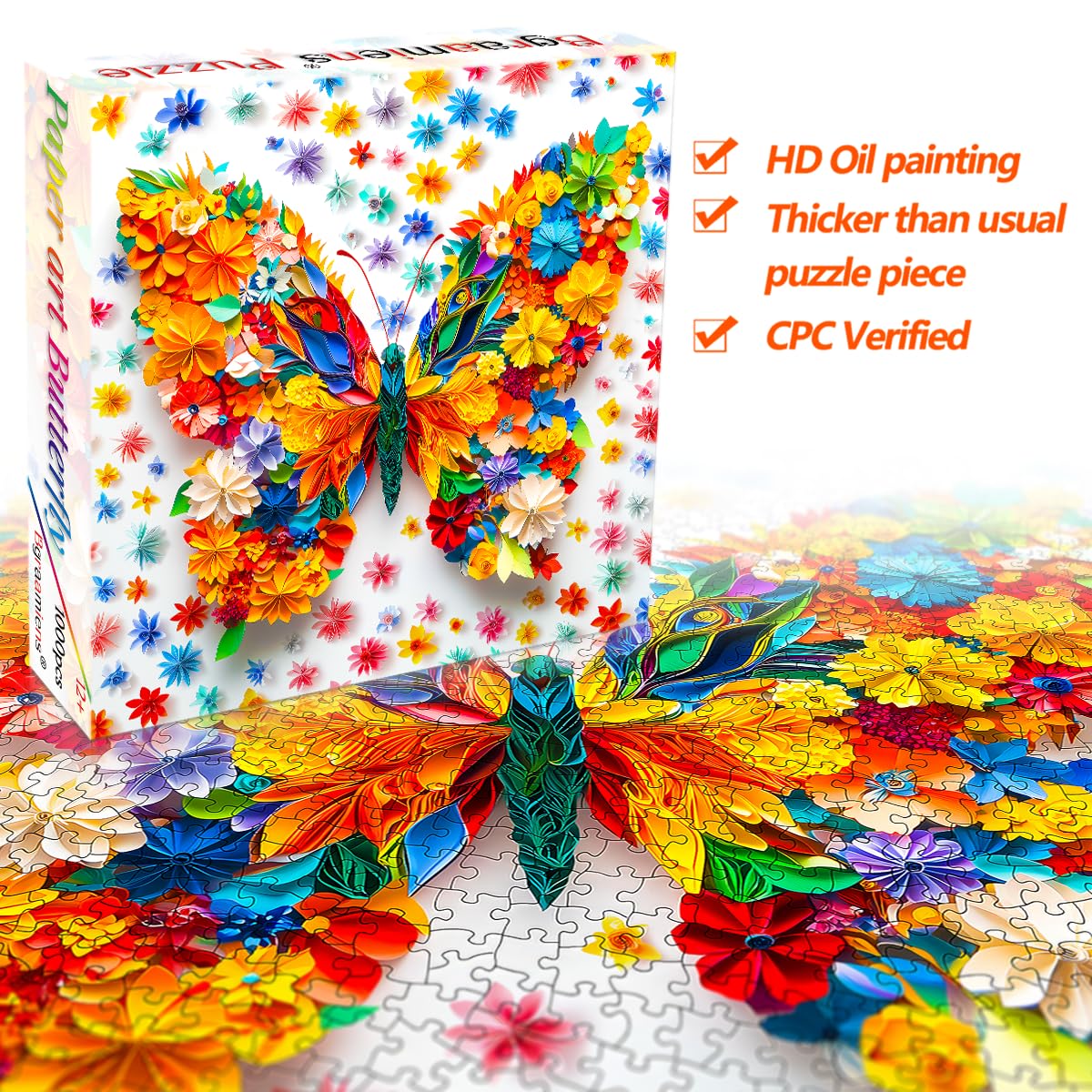 Bgraamiens Puzzle-Paper Art Butterfly-1000 Pieces Paper Flower Butterfly Puzzle for Adults, Unique Flowers Art Puzzle, Impossible Puzzle Color Challenge Puzzle for Adults Bgraamiens