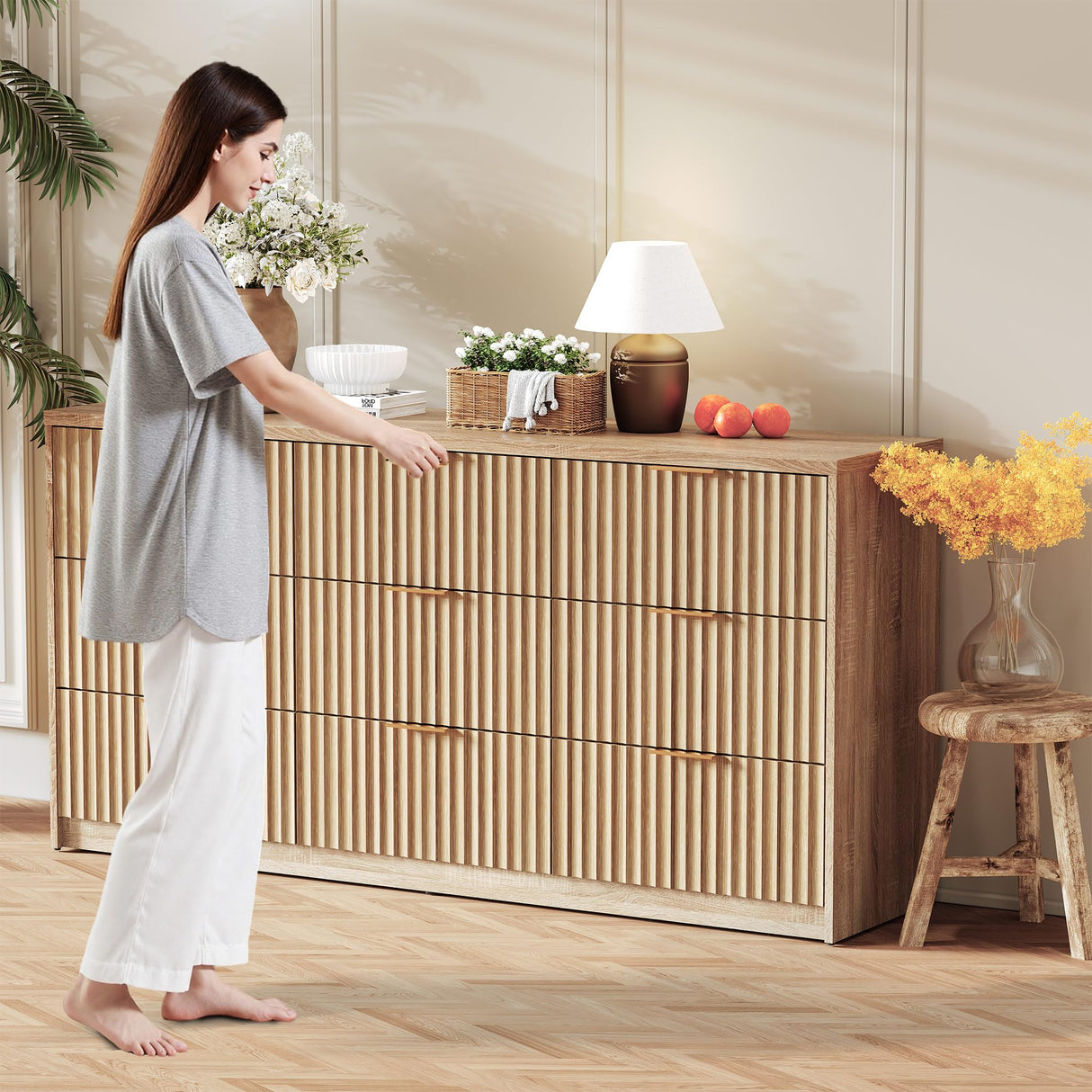 IDEALHOUSE 9 Drawer Dresser for Bedroom, Large Fluted Chest of Drawers, Wood Dressers Storage Organizer, Storage Cabinet for Bedroom Living Room Home Office IDEALHOUSE