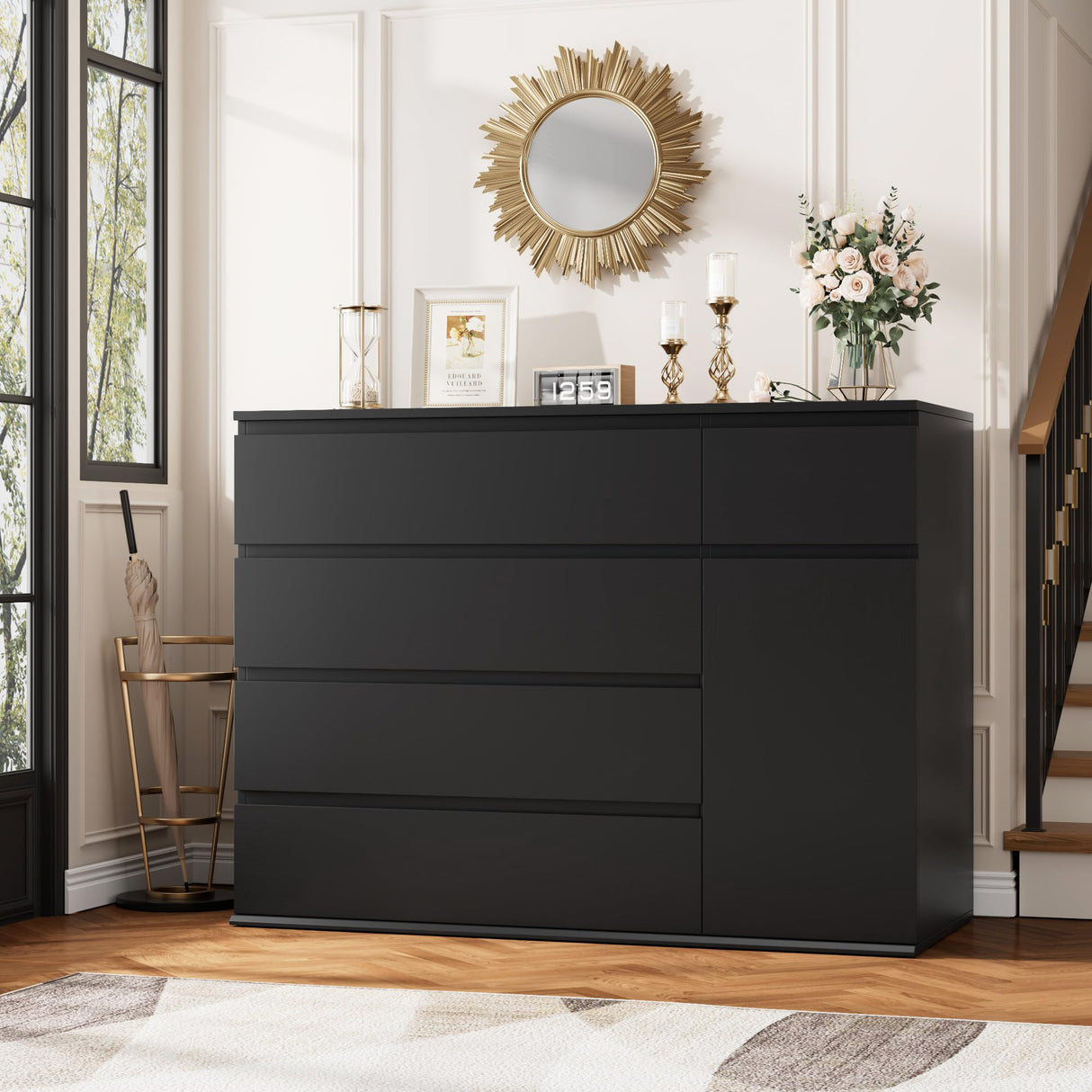 FOTOSOK 5 Drawer Dresser, Black Dresser for TV Stand, Double Wide Storage Chest of Drawers with Door, Deep Drawers and Wide Storage Space FOTOSOK