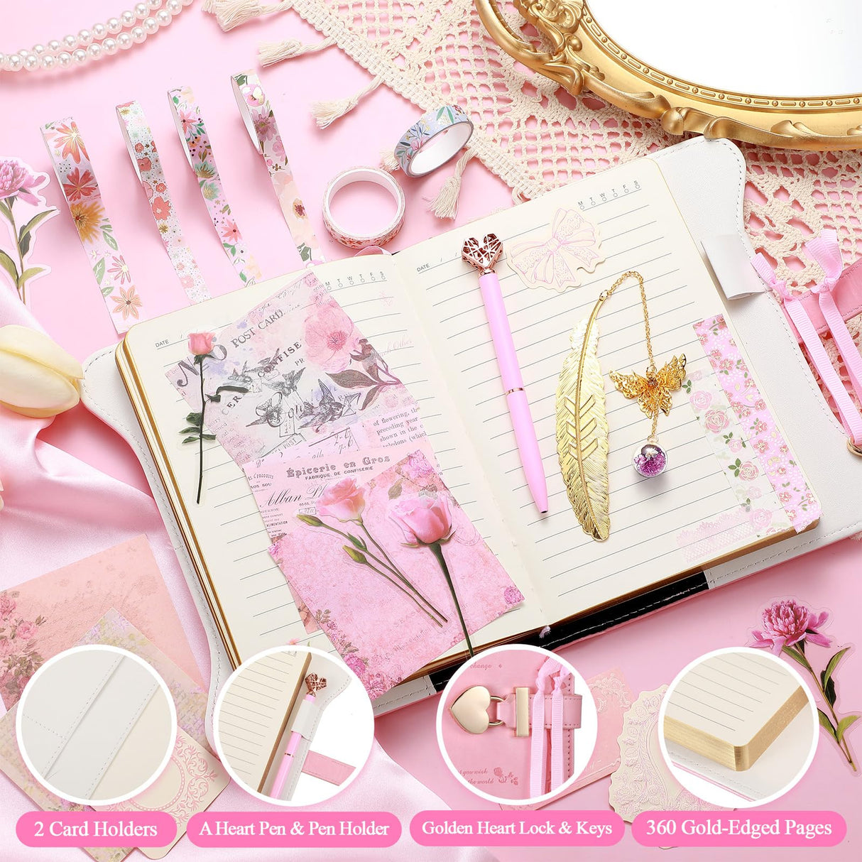 Janlaugh DIY Journal Diary with Lock Set Scrapbook Kit Stationary Diary Supplies Art Crafts Kit for Birthday Holidays Ideal Gifts for Women Teen Girls(Pink,Classic) Janlaugh