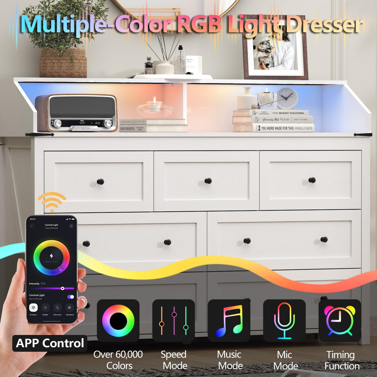 BORNOON 7 Drawer Dresser with LED Lights & Charging Station, Modern Wood Chest of Drawers for Bedroom, Wide Storage Dresser with Metal Handles & Anti-Tip Kit for Closet, Living Room, Entryway BORNOON