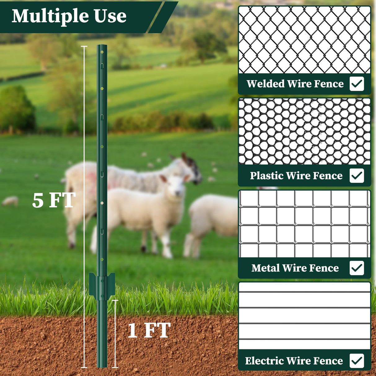 10 Pack Garden Fence Post, 5 Feet Heavy Duty Metal U-Post for Wire Fence, No Dig Garden Fence Stakes for Temporary Fencing, Electric Fence Wire, Corner Anchor, and More-Green MIWEVRO