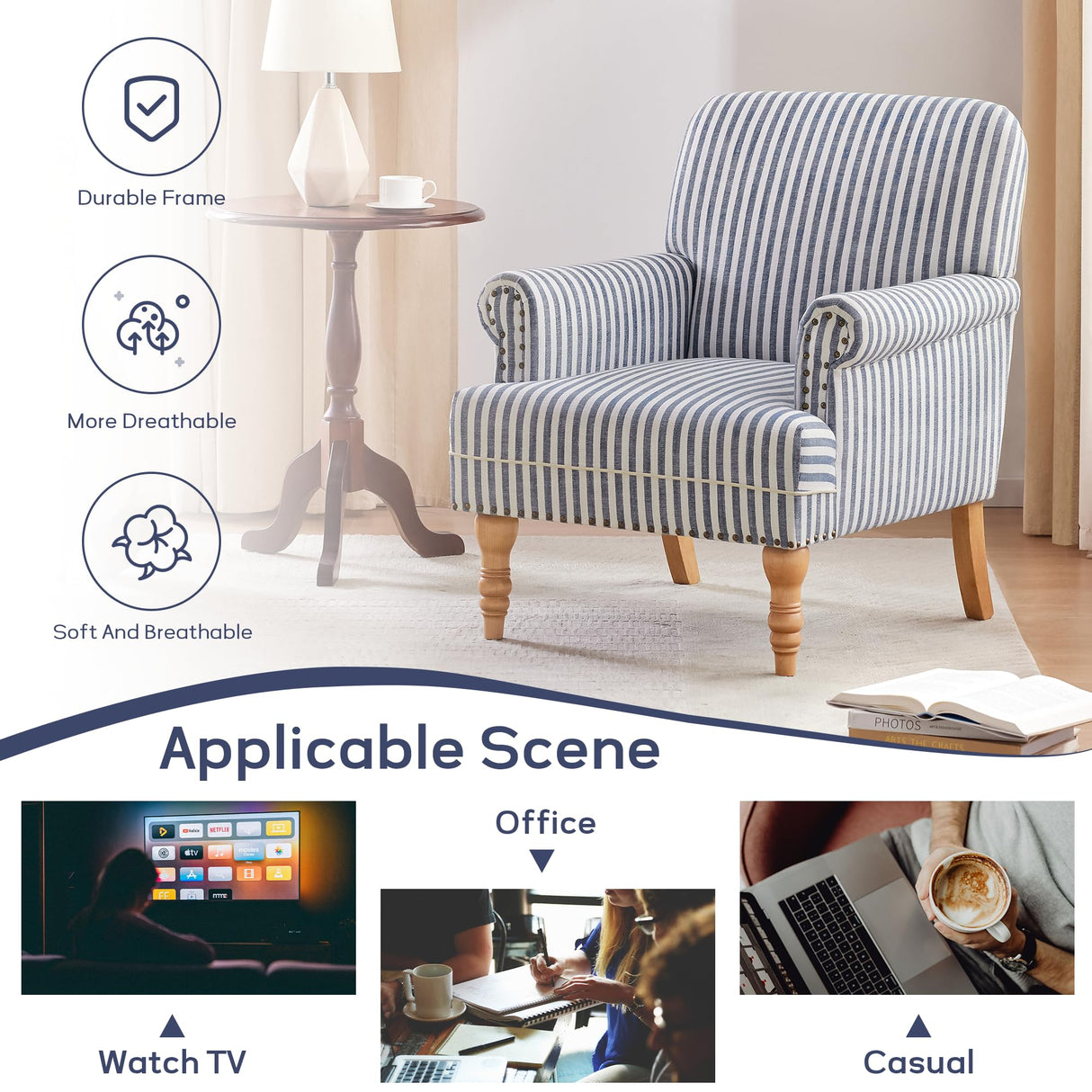 HUIMO Linen Fabric Accent Chairs Set of 2, Mid-Century Modern Armchair with Solid Wood Legs, Single Sofa Chair,Upholstered Reading Club Chair (2, Dark Blue and White Stripe) HUIMO