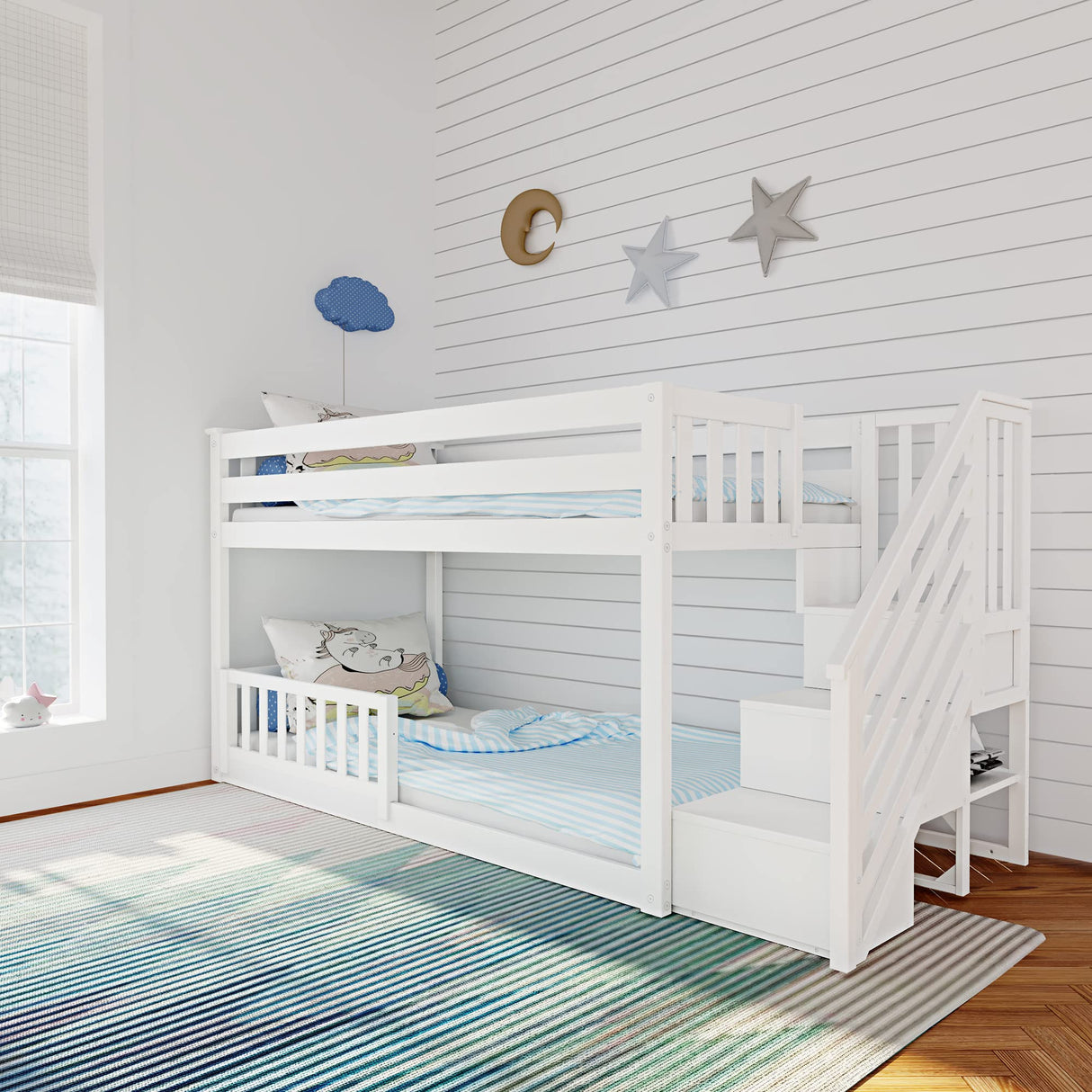 Max & Lily Low Bunk with Stairs and Single Guard Rail, White Max & Lily