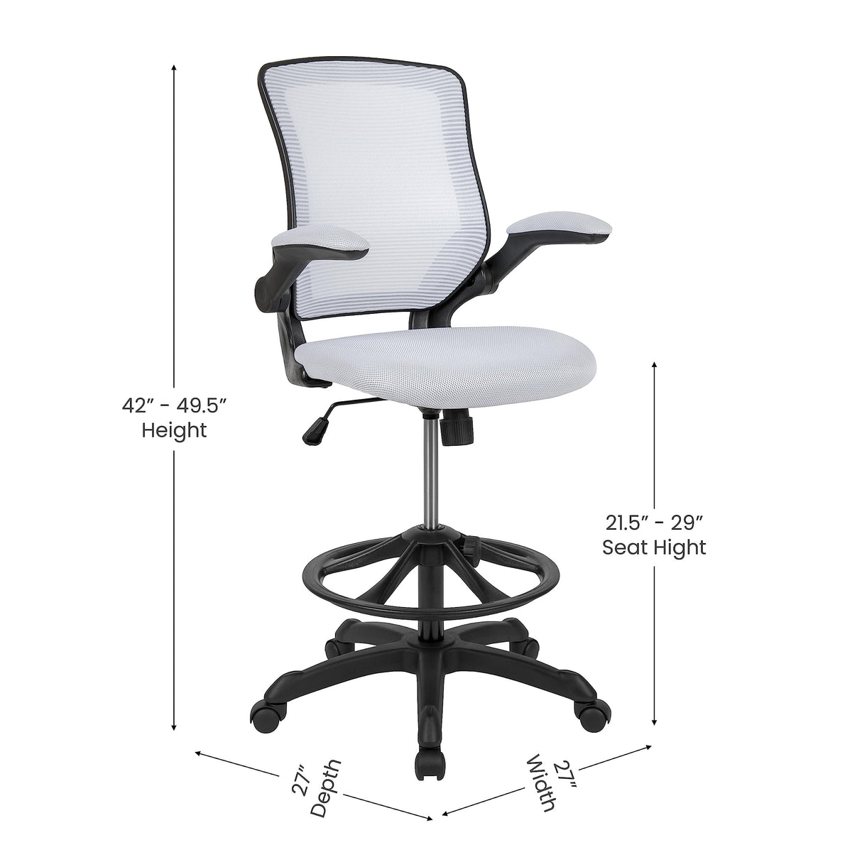 Flash Furniture Kale Mid-Back White Mesh Ergonomic Drafting Chair | Adjustable Foot Ring, Flip-Up Arms Flash Furniture