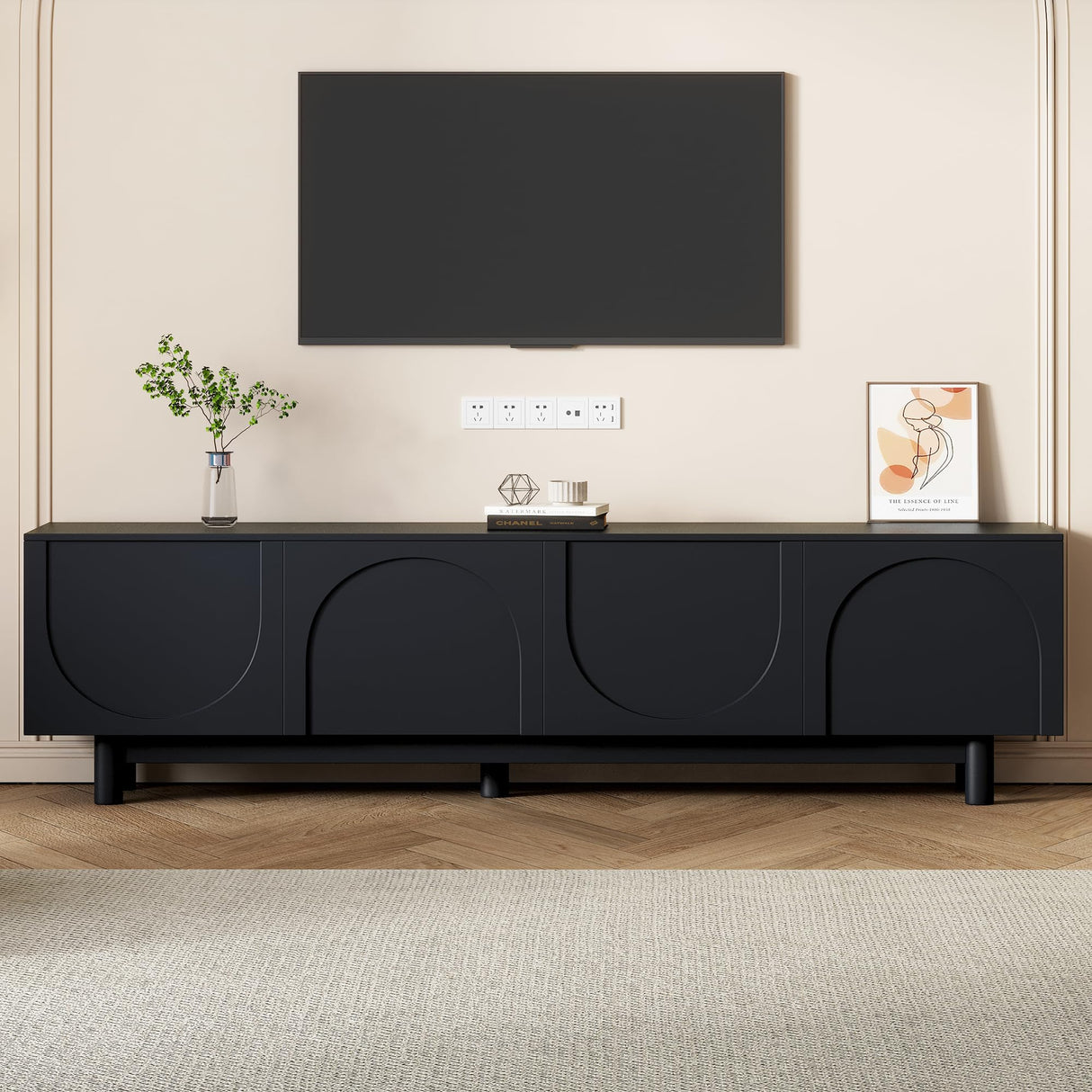 LUMISOL Modern TV Stand for 80"+ TV, 70" Wood Console with Arched Doors, Arch Entertainment Center with 2 Storage Cabinets, Adjustable Shelf for Living Room, Black LUMISOL