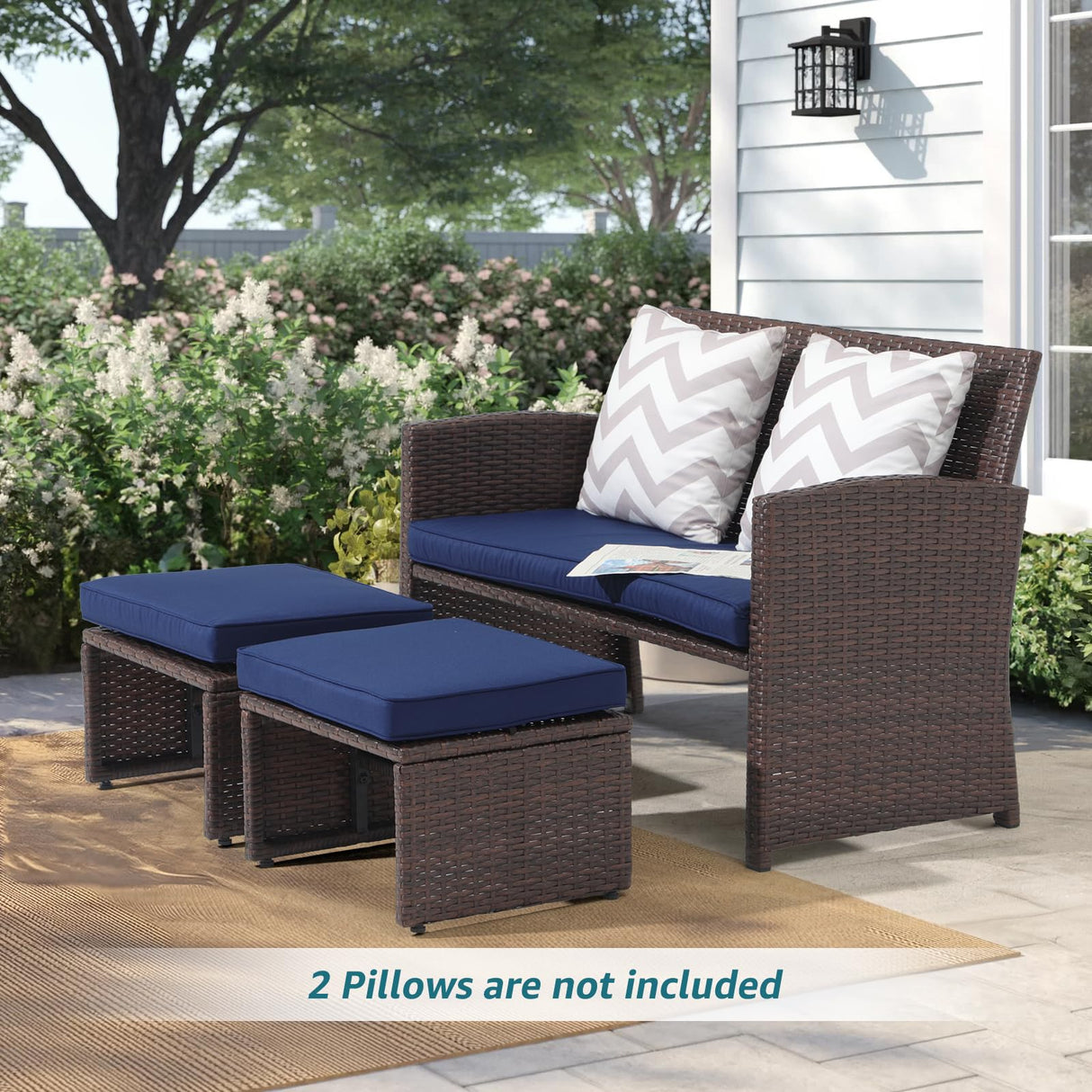 OC Orange-Casual Outdoor Loveseat 3 Piece Patio Furniture Set Outdoor Conversation Set All-Weather Wicker Love Seat with Ottoman/Side Table, Brown Rattan, Blue OC Orange-Casual