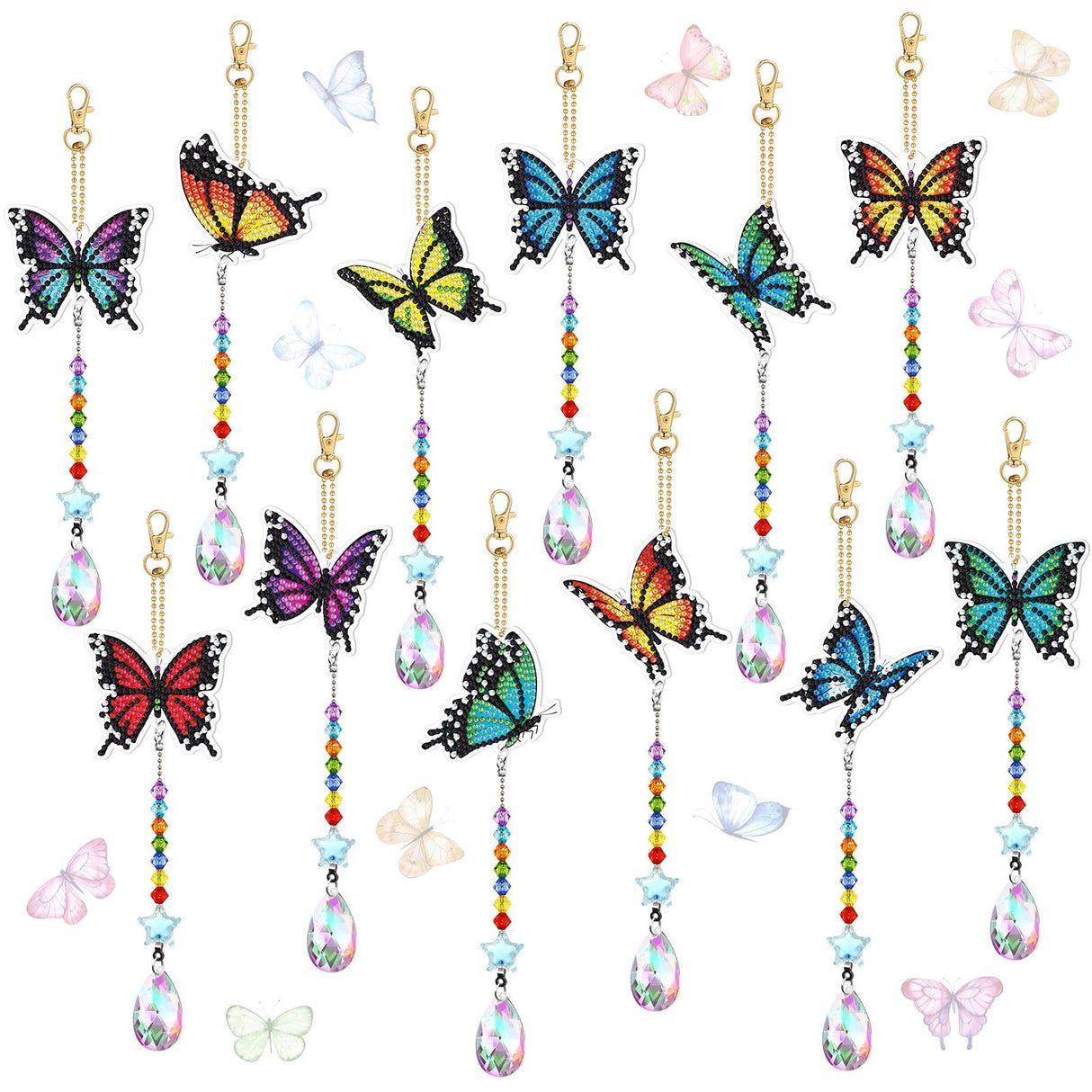 Kigley 12 Pcs Butterfly Diamond Art Wind Chimes Kit Diamond Painting Suncatcher Keychains Double Sided 3D DIY Window Hanging Ornaments Kigley