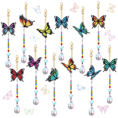 Kigley 12 Pcs Butterfly Diamond Art Wind Chimes Kit Diamond Painting Suncatcher Keychains Double Sided 3D DIY Window Hanging Ornaments