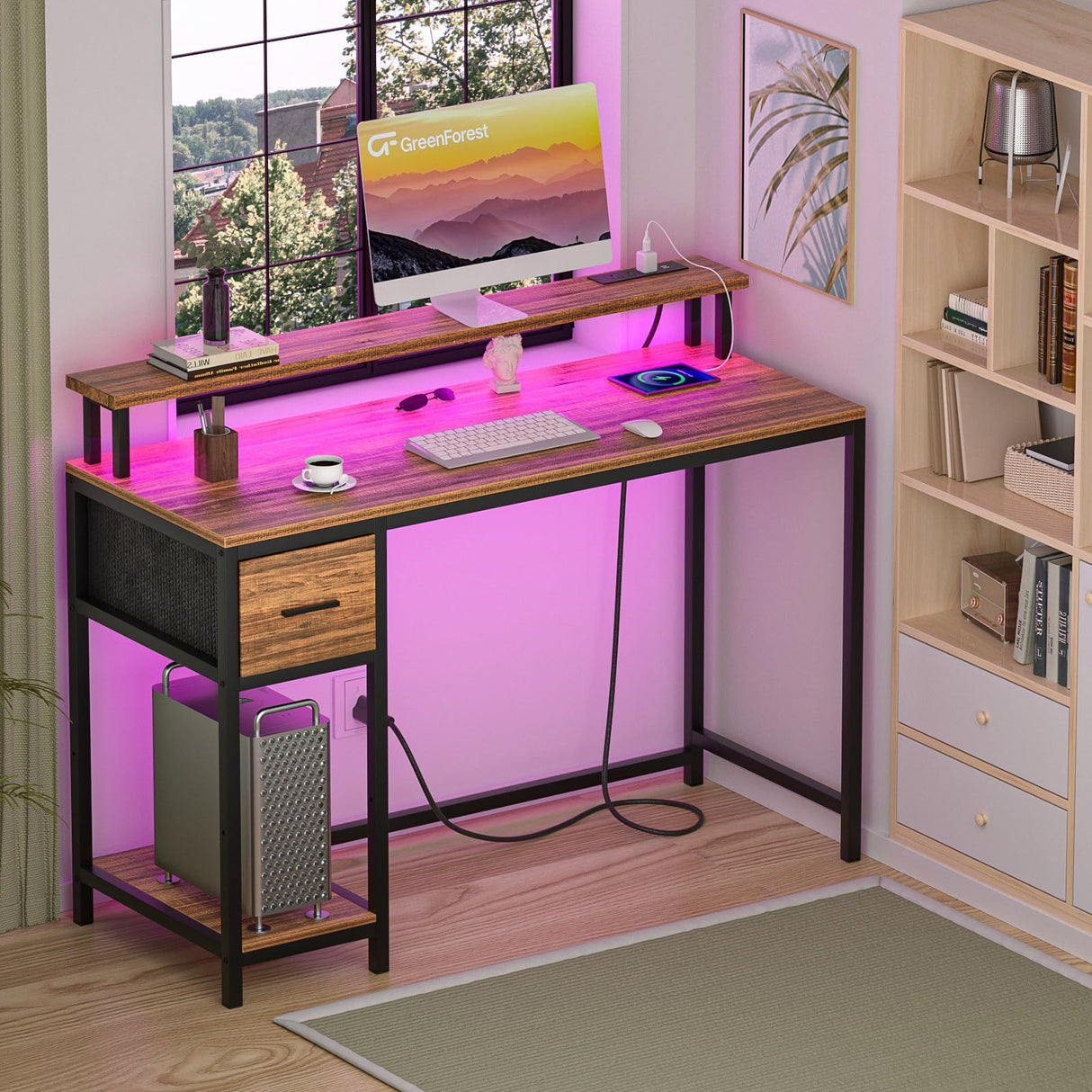 GreenForest Computer Desk with Drawers 47 inch,Gaming Desk with LED Lights & Power Outlets Small Desk with Monitor Stand and Reversible Shelf,Walnut GreenForest