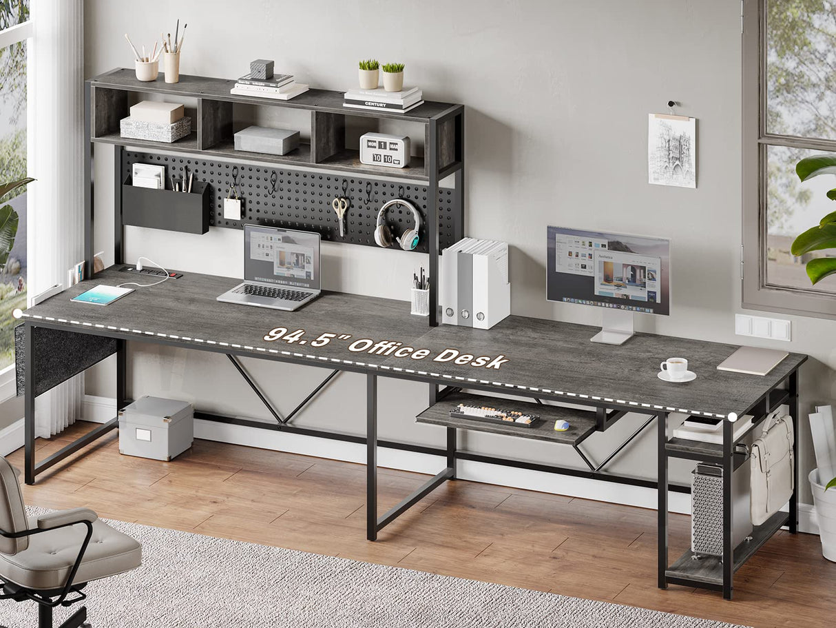 SEDETA L Shaped Desk, 94.5 Inch Home Office Desk with Power Outlet & Pegboard, L Shaped Gaming Desk with LED Light, Keyboard Tray, Storage Shelves and Headphone Hook for Home Office, Grey SEDETA