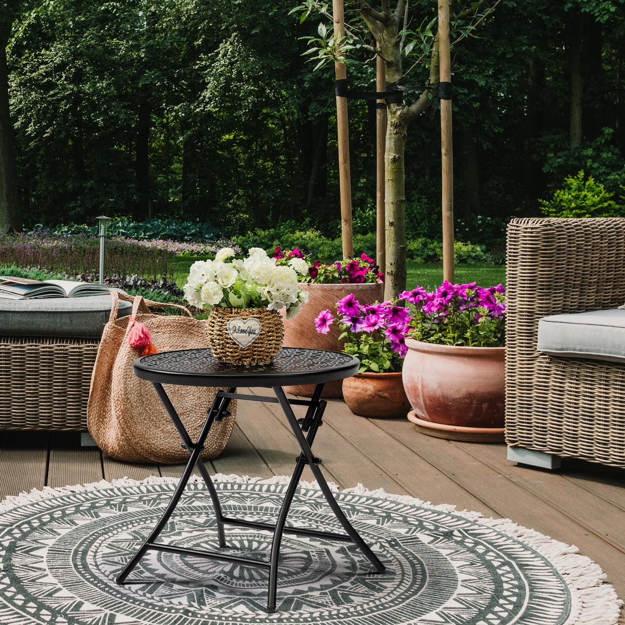 TeoKJ Folding Outdoor Side Tables, Anti Rust Small Patio Table Round Metal Nightstand with Flower Cutouts for Porch Yard Balcony Deck Lawn, Black TeoKJ