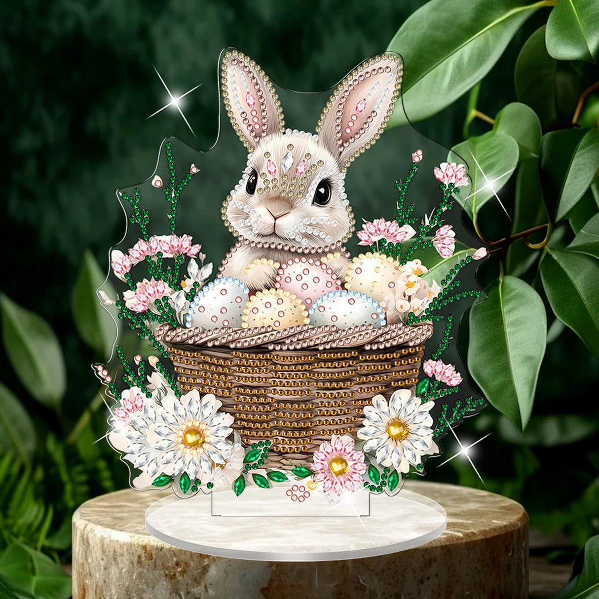 1 Pcs DIY Easter Egg Bunny Tabletop Diamond Art Painting Kits Double Sided Acrylic Diamond Painting Tabletop Flower Easter Table Top Ornament Kits for Spring Holiday Themed Party Decor Accessories NSSHEL
