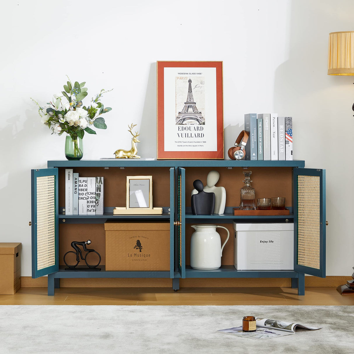 QHITTY Sideboard Buffet Cabinet, Rattan Accent Cabinet Storage Cabinet Console Table with 4 Doors and Adjustable Shelves for Kitchen, Dining Room, Living Room, Hallway (Blue) QHITTY