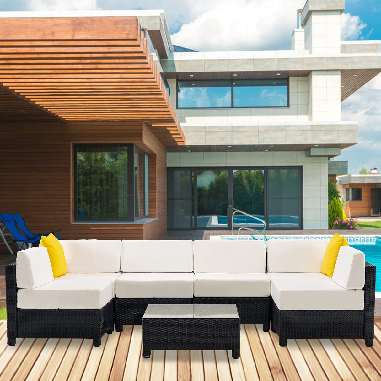 MCombo Patio Furniture Sets 7 Pieces Outdoor Wicker Sectional Sofa Set, PE Rattan Aluminum Frame Conversation Sets with Washable Cushion and Glass Table for Garden, and Backyard, 6080-7PC (White) MCombo