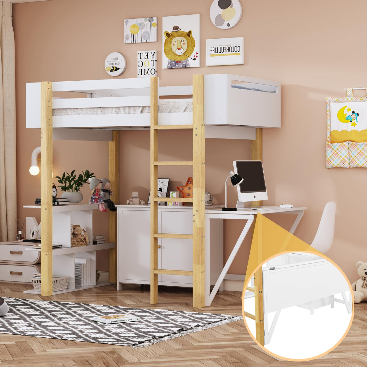 Merax Twin Size Wood Loft Bed with Built-in Storage Cabinet and Cubes, Foldable Desk, White Merax