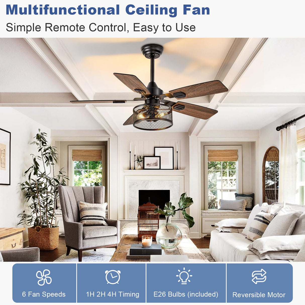 Depuley 42-Inch Ceiling Fans with Lights: Caged Ceiling Fans Dual Finish 5 Blades - Rustic Ceiling Fan with Remote Control for Industrial Living Room Outdoor Patio (E26 Bulb Included) Depuley