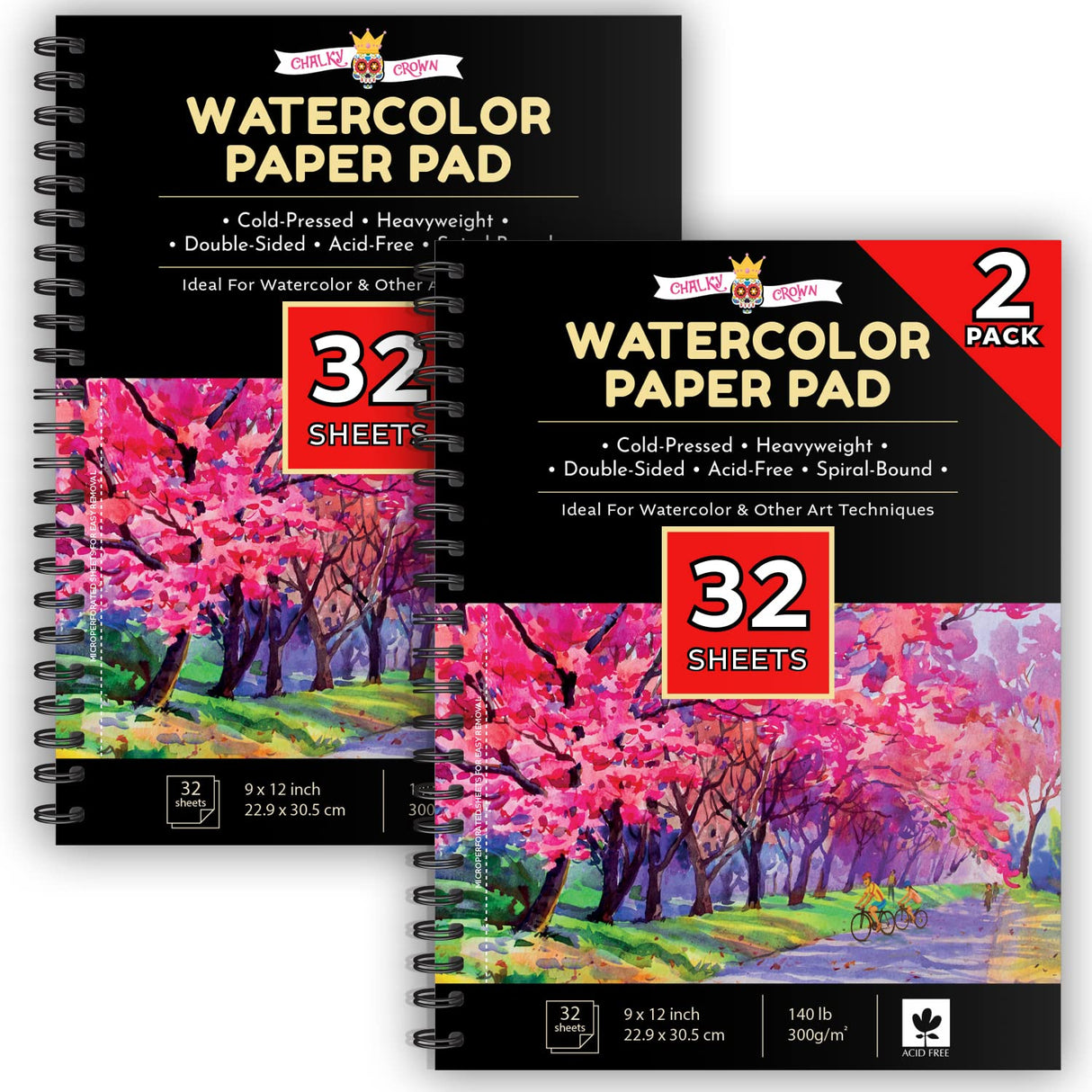 CHALKY CROWN - Watercolor Paper Pad - Water Color Paper Sketch Book - Large Paper for Artists, White - Pack of 2 (64 Sheets) CHALKY CROWN