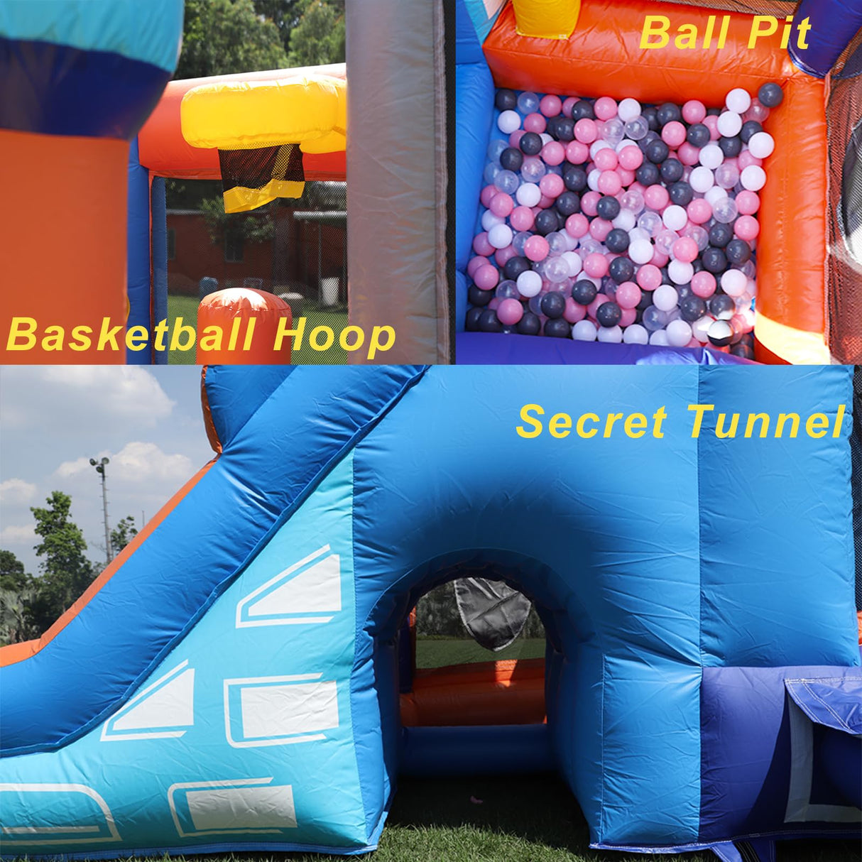 16FT Commercial Kids Bounce House with Blower, 100% PVC Inflatable Kids Jumper Bounce House with 2 Slides, Ball Pit, Tunnels, Climbing, 6 in 1 Bounce House Obstacle Course 16x12x10ft Inflantteble