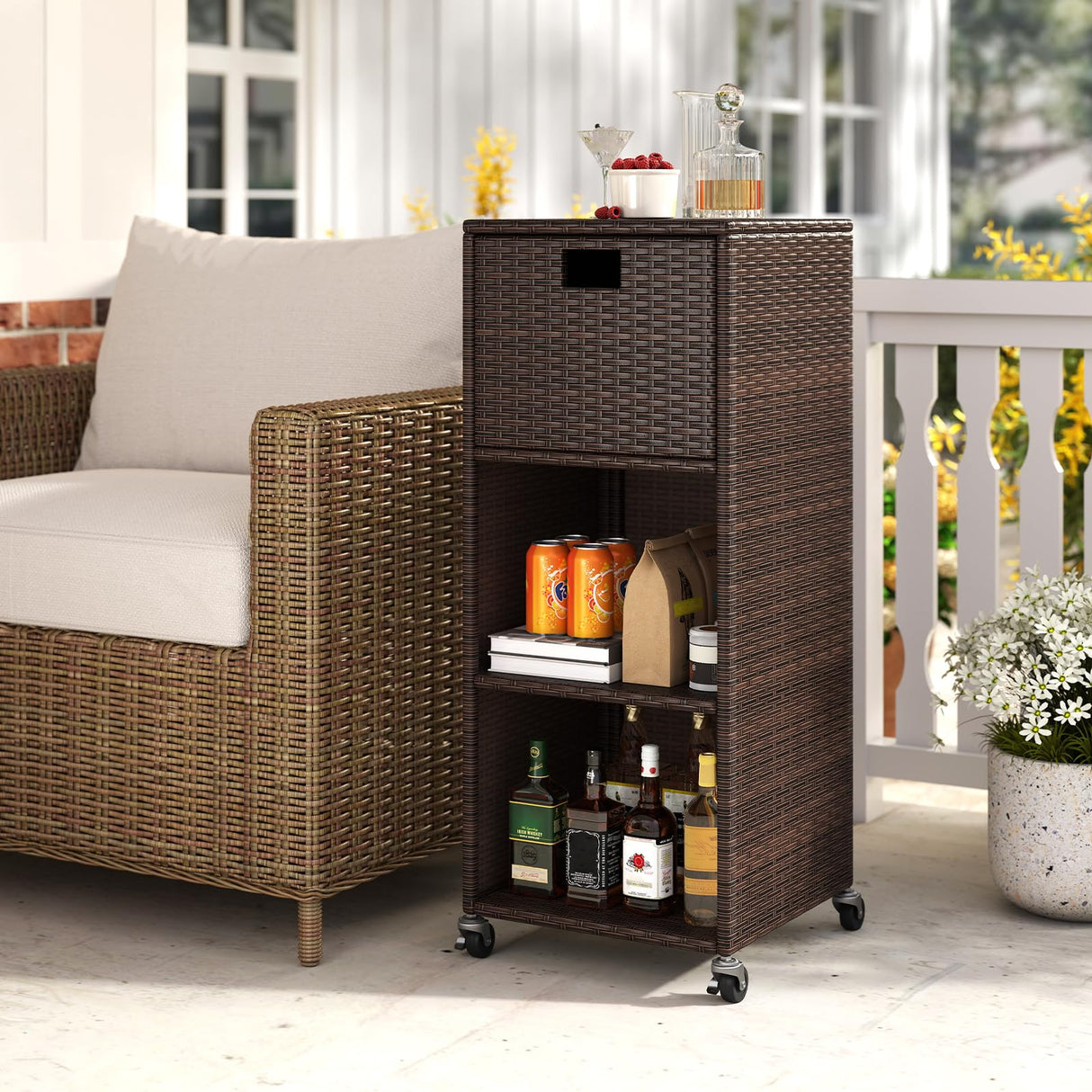 Tangkula Rattan Outdoor Storage Cabinet, Patiojoy Outdoor Wicker Cabinet with 3 Shelves, 1 Removable Drawer, 4 Wheels, Patio Storage Deck Box Cart for Backyard Poolside Porch (Mix Brown) Tangkula