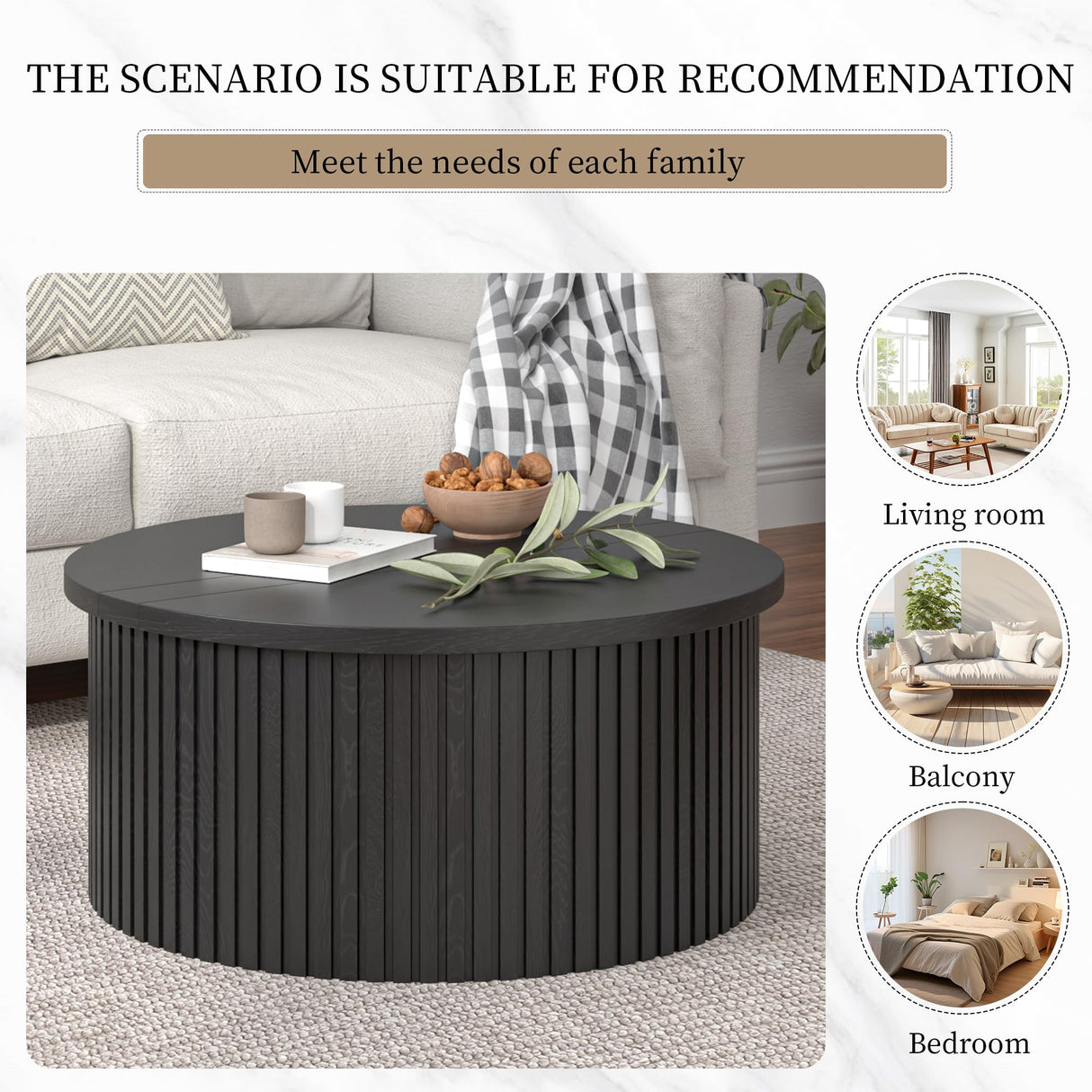 Fsbecl Lift Top Coffee Table with Storage, Round Coffee Tables for Living Room, 34.6In Farmhouse Fluted Coffee Table, Wood Center Table with Large Hiddern Storage Compartment (Black) Fsbecl