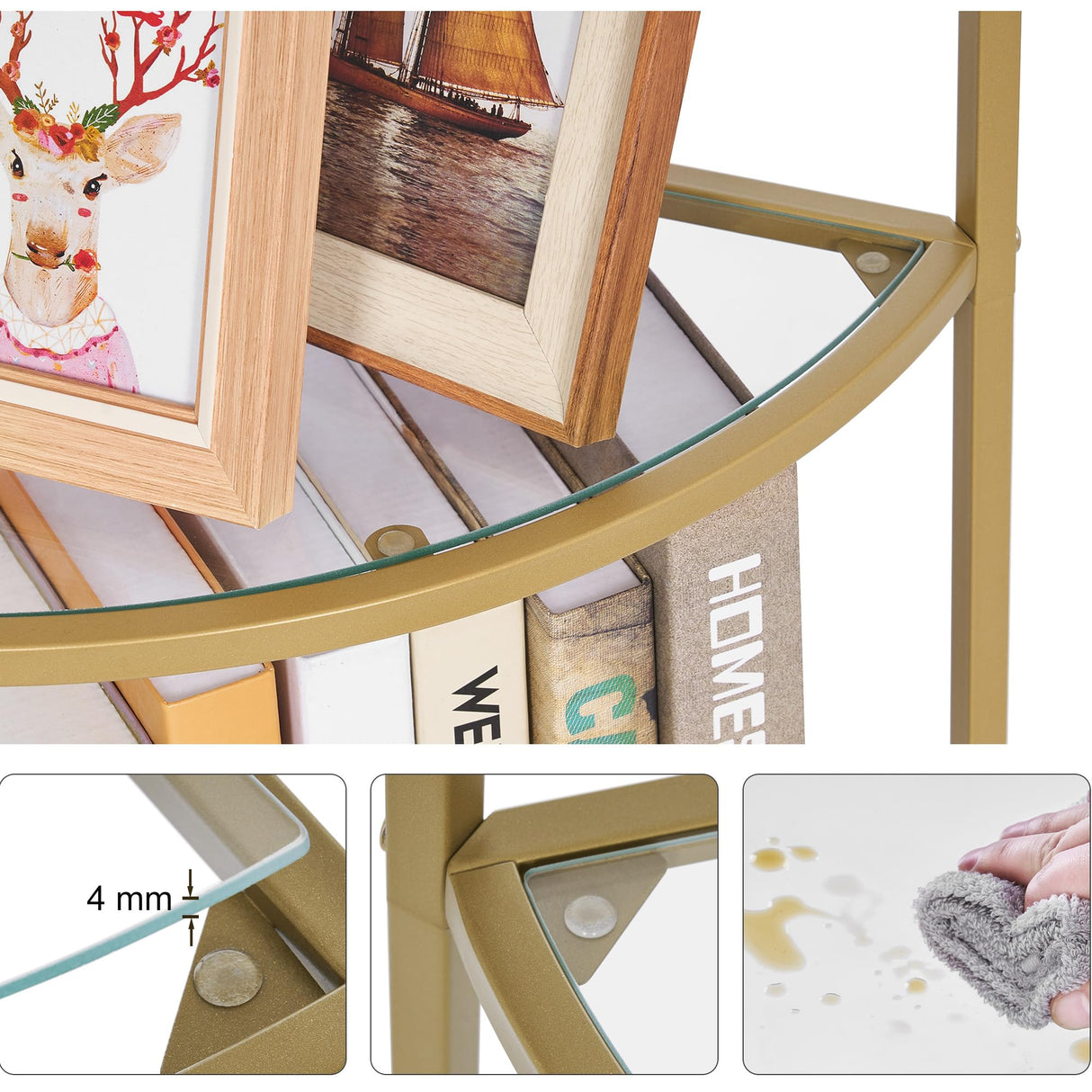 Homhedy 5-Tier Corner Shelf Stand, Metal Corner Bookshelf, Tempered Glass Shelves, Bathroom Storage Rack Shelf, Plant Stand, Modern Style,Golden Homhedy