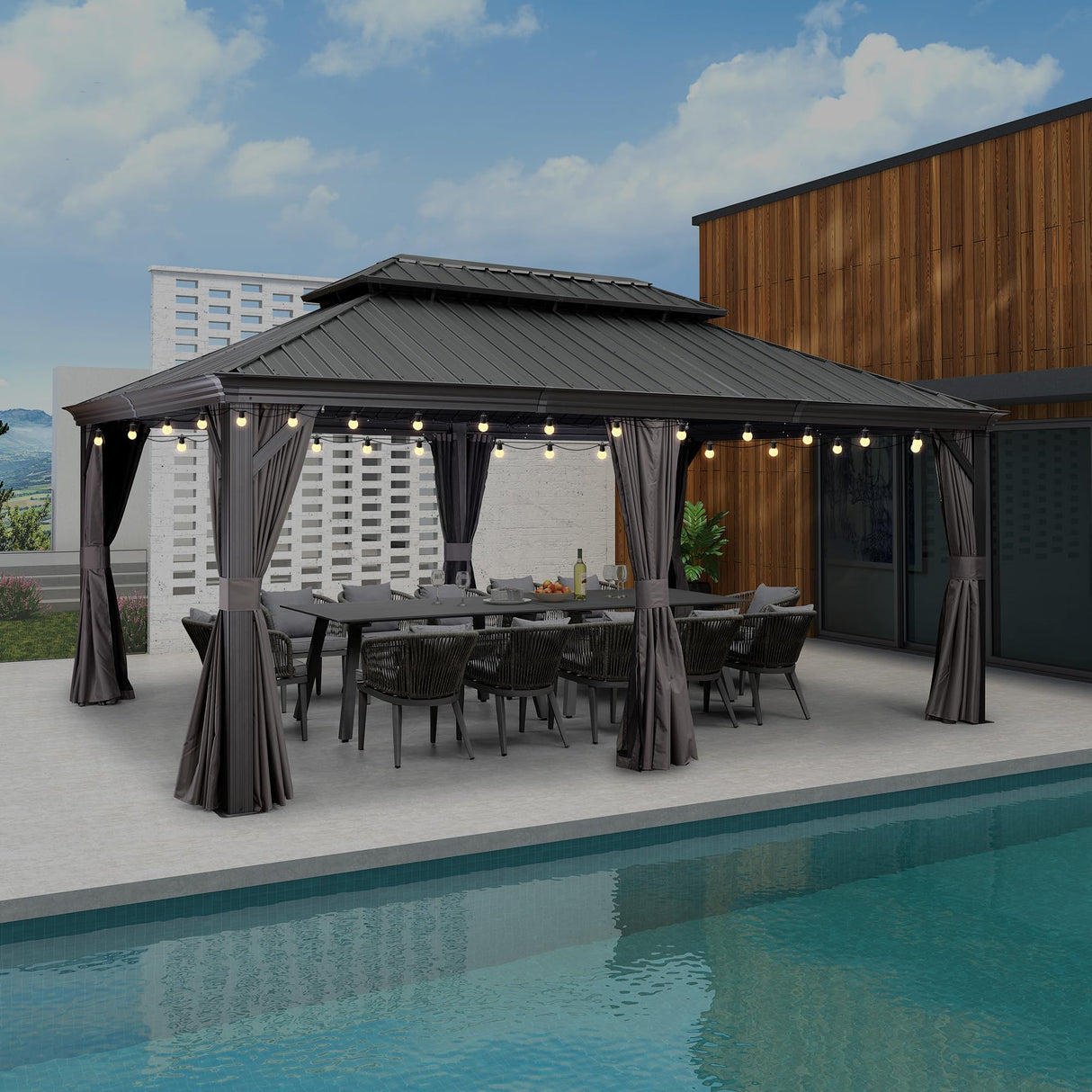 PURPLE LEAF 12' X 18' Aluminum Gazebo with Galvanized Steel Double Roof for Patio Lawn and Garden Gazebo with Light, Grey PURPLE LEAF